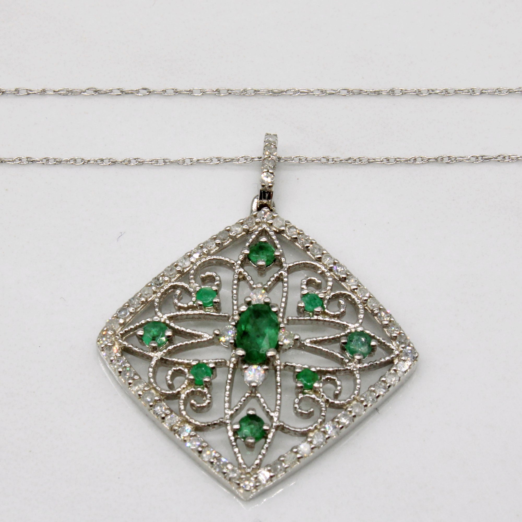 Diamond & Emerald Lattice Pendant & Necklace | 0.35ctw, 0.14ctw | 18