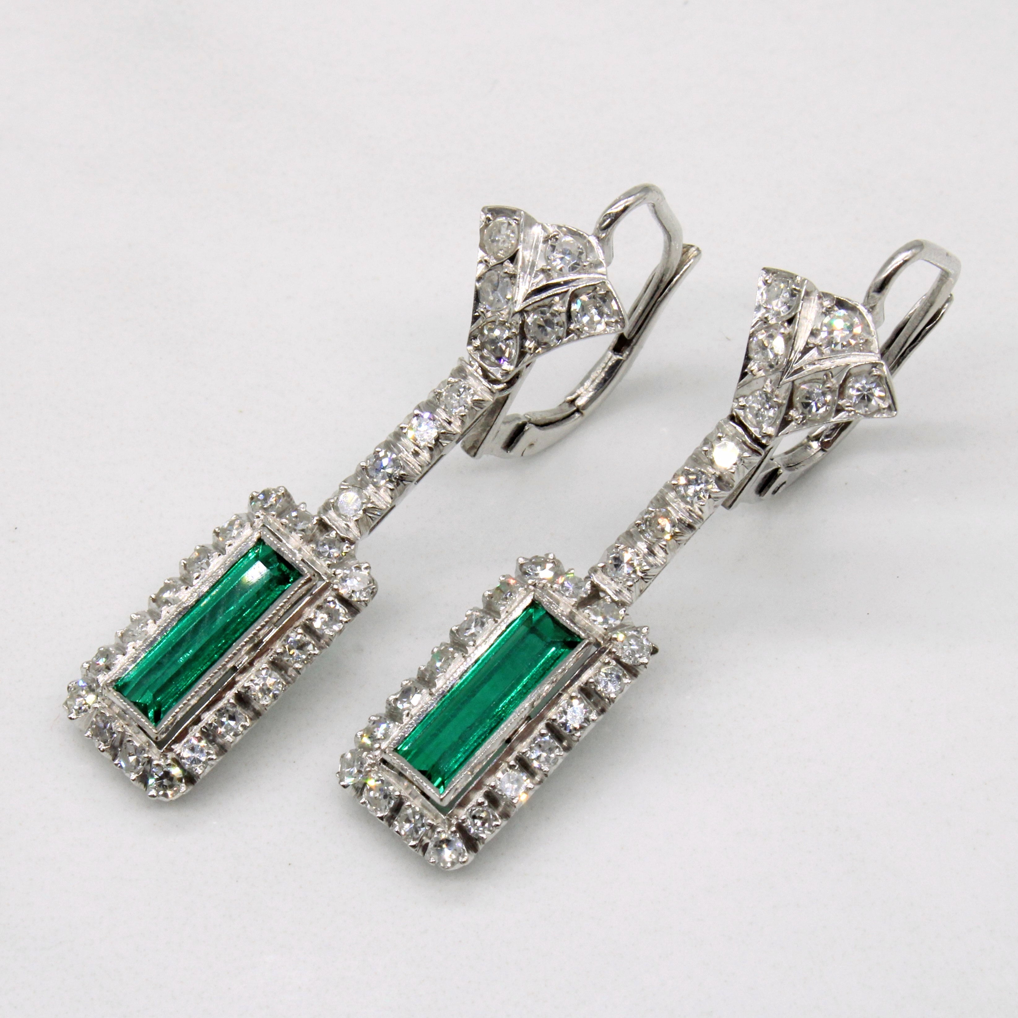 Synthetic Emerald & Natural Diamond Drop Earrings | 0.60ctw, 0.56ctw |