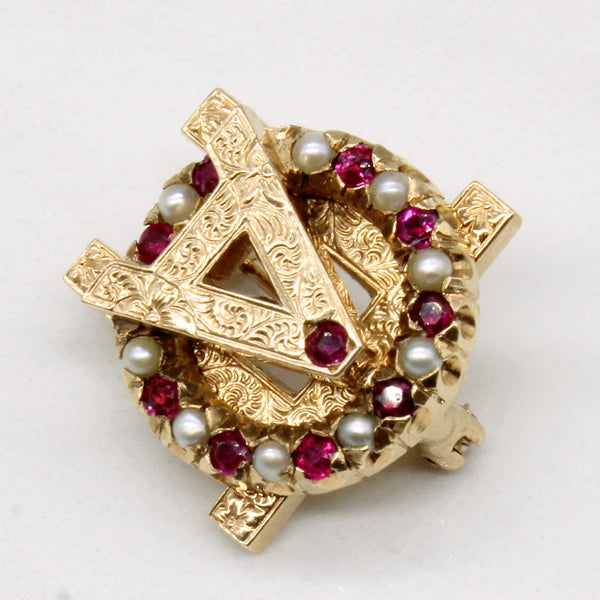 Synthetic Ruby & Pearl 'A' Pin | 0.25ctw |