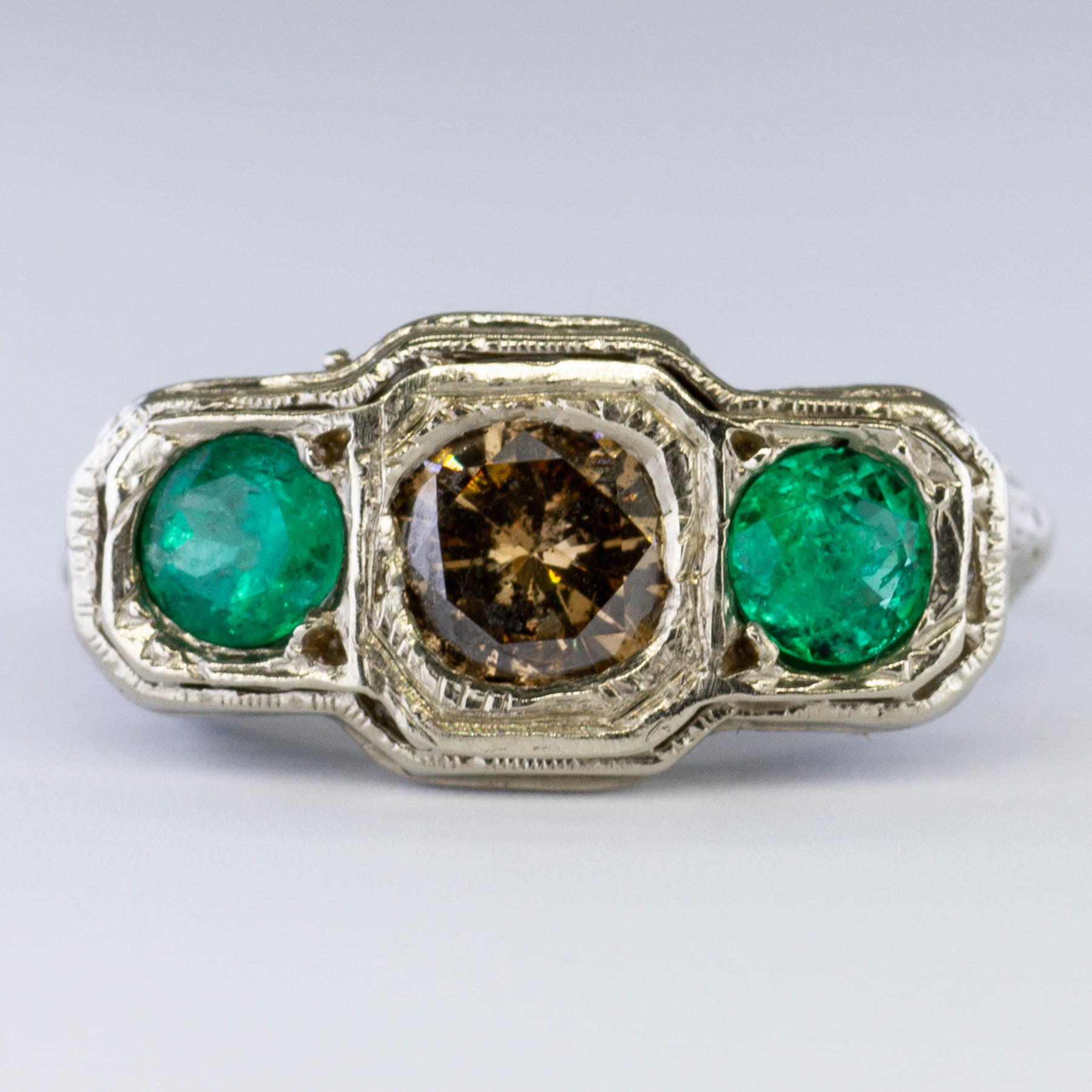 Ornate Art Deco Diamond & Emerald Ring | 0.62ct, 0.50ctw | SZ 5.5 |