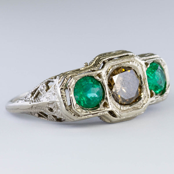 Ornate Art Deco Diamond & Emerald Ring | 0.62ct, 0.50ctw | SZ 5.5 |