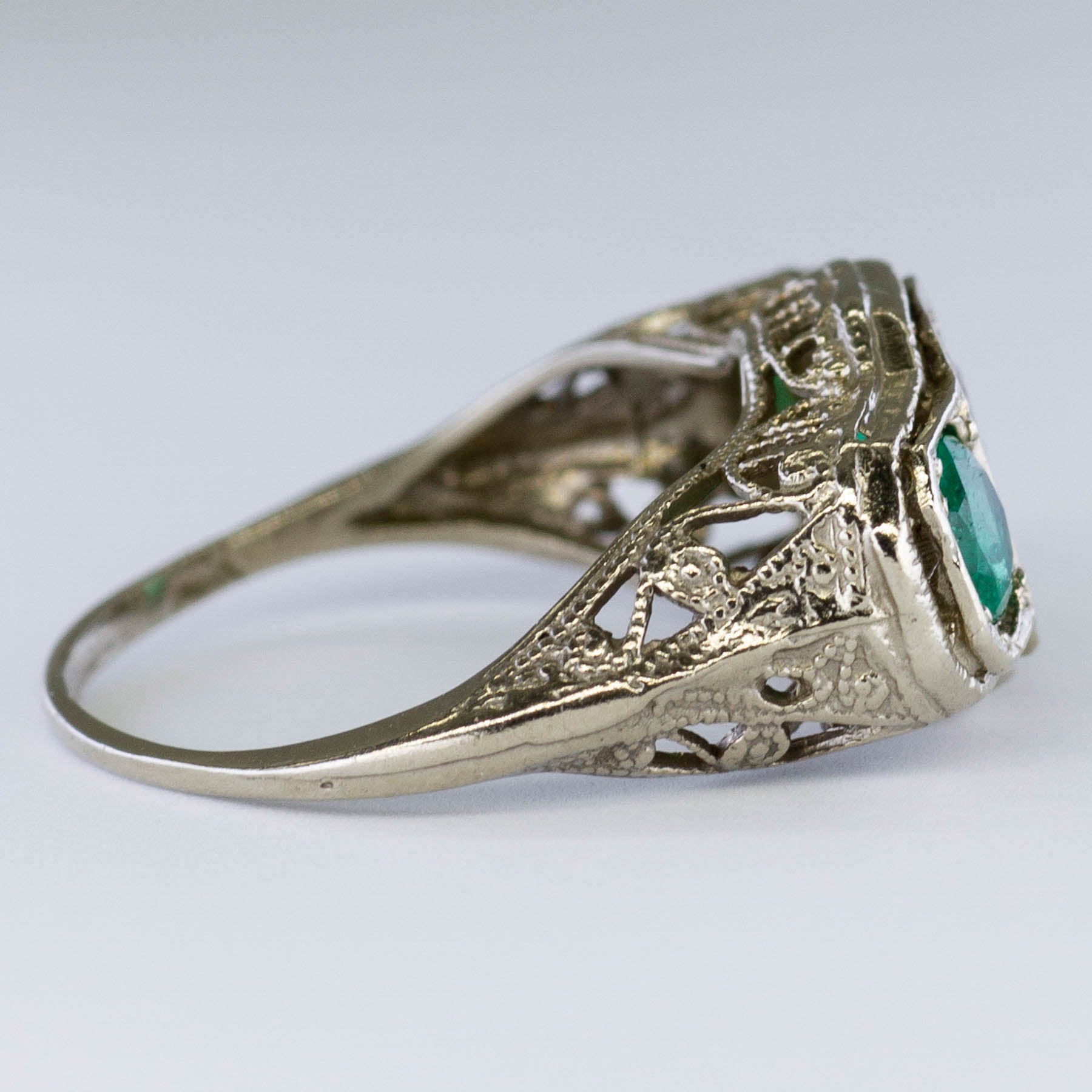 Ornate Art Deco Diamond & Emerald Ring | 0.62ct, 0.50ctw | SZ 5.5 |