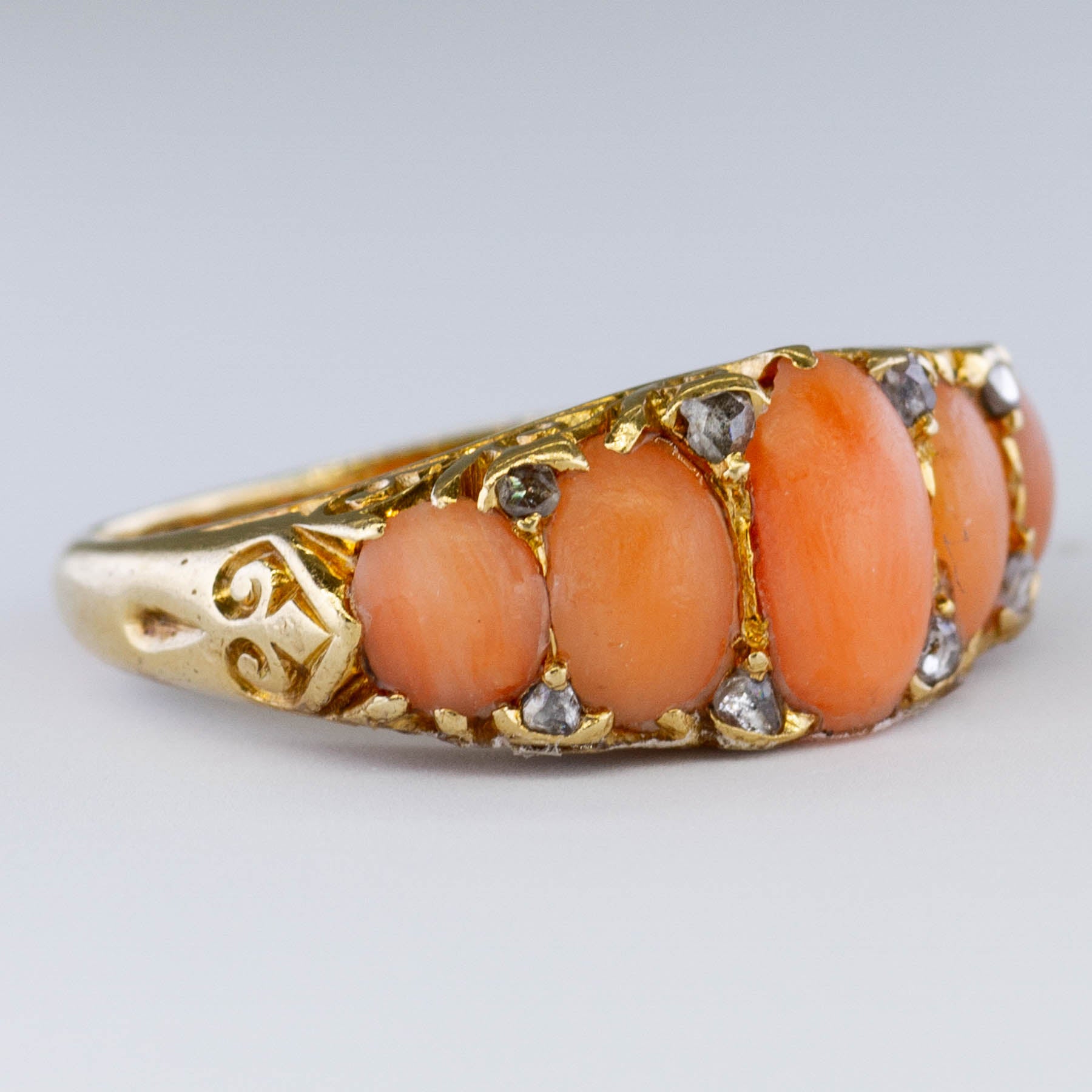 Victorian Coral & Rose Cut Diamond Ring | 1.80ctw, 0.06ctw | SZ 6 |