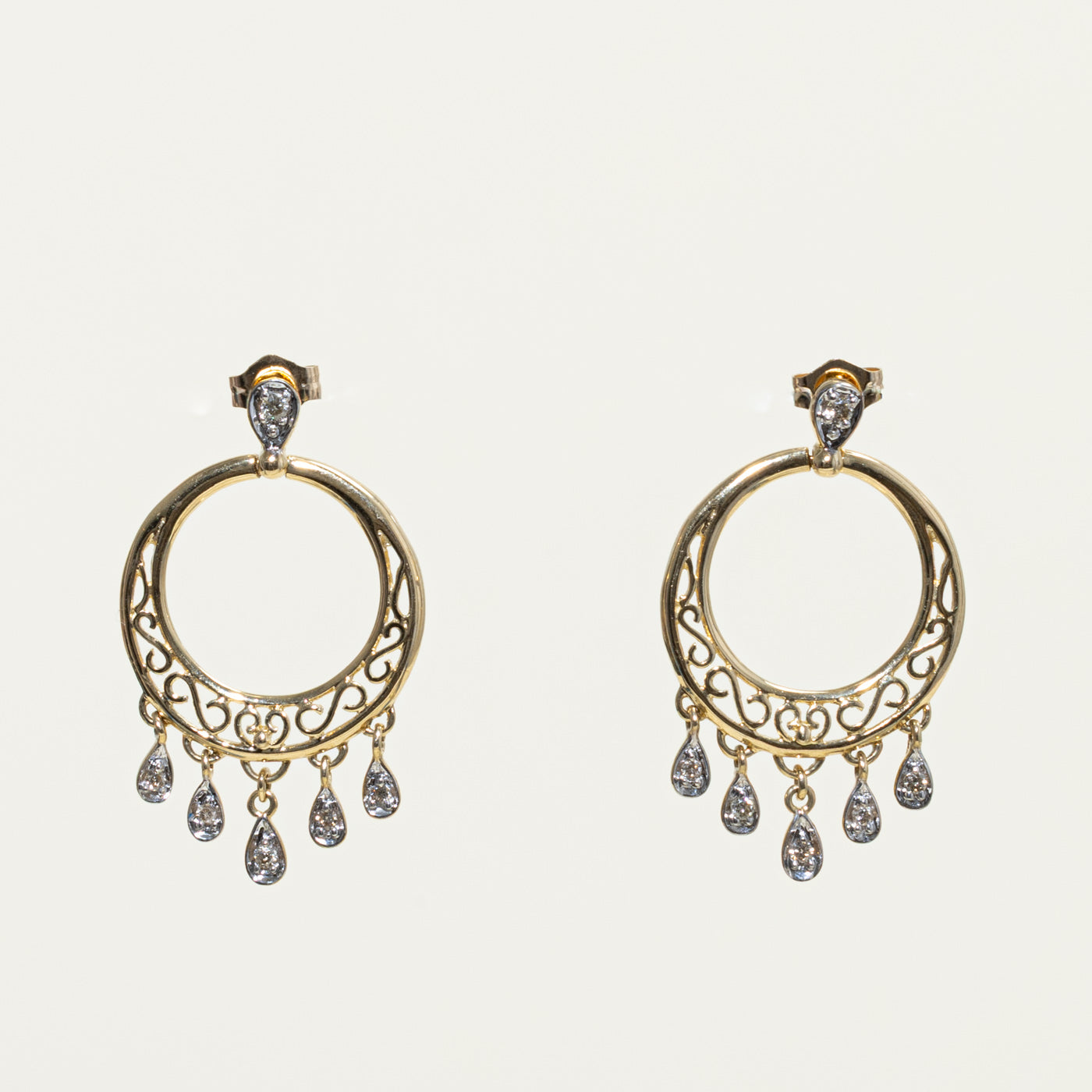 14k Diamond Filigree Circular Drop Earrings | 0.14ctw