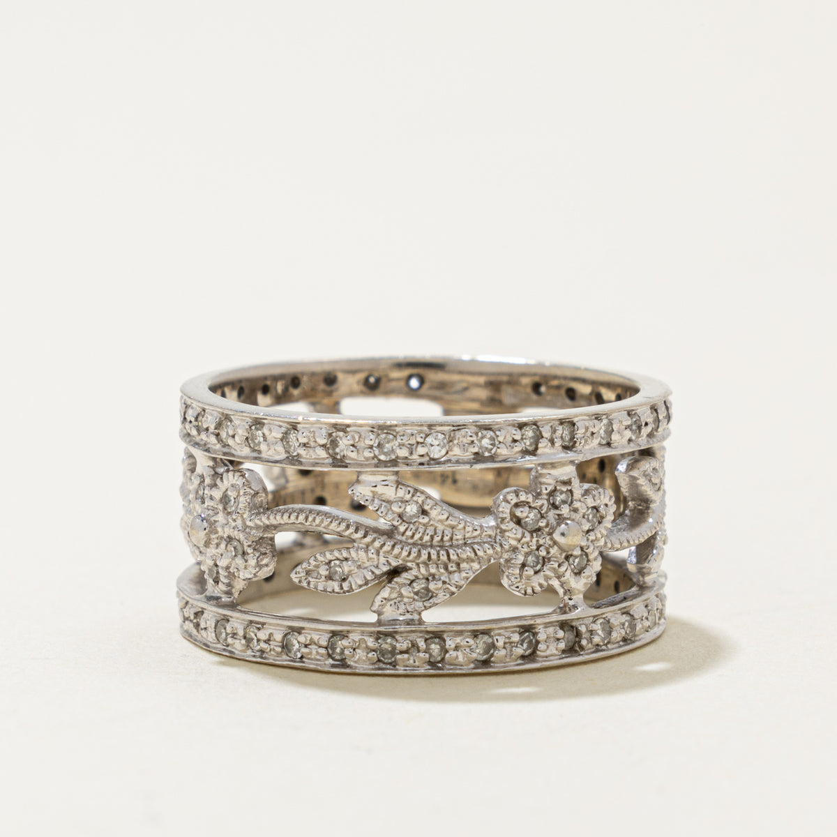 14k Eternity Diamond Milgrain Floral Patterned Band | 0.13ct | 10.5mm | SZ 7.5