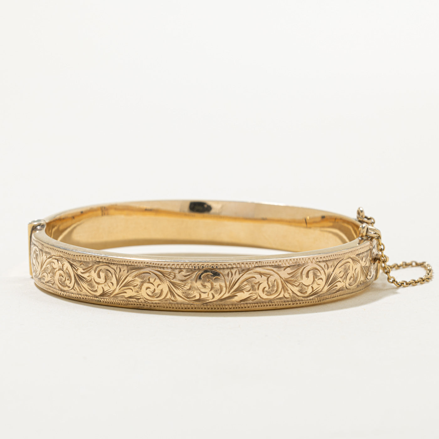 'Birks' Yellow Gold Engraved Floral Bangle | 7"