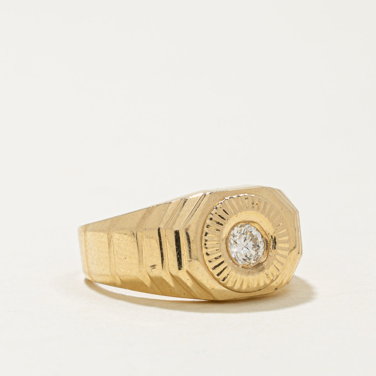 14k Solitaire Diamond Grooved Geometric Signet Ring | 0.20ct | SZ 7.5