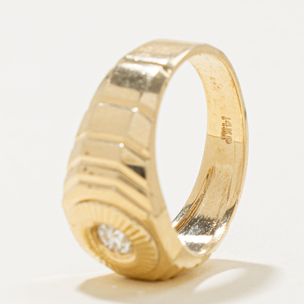 14k Solitaire Diamond Grooved Geometric Signet Ring | 0.20ct | SZ 7.5