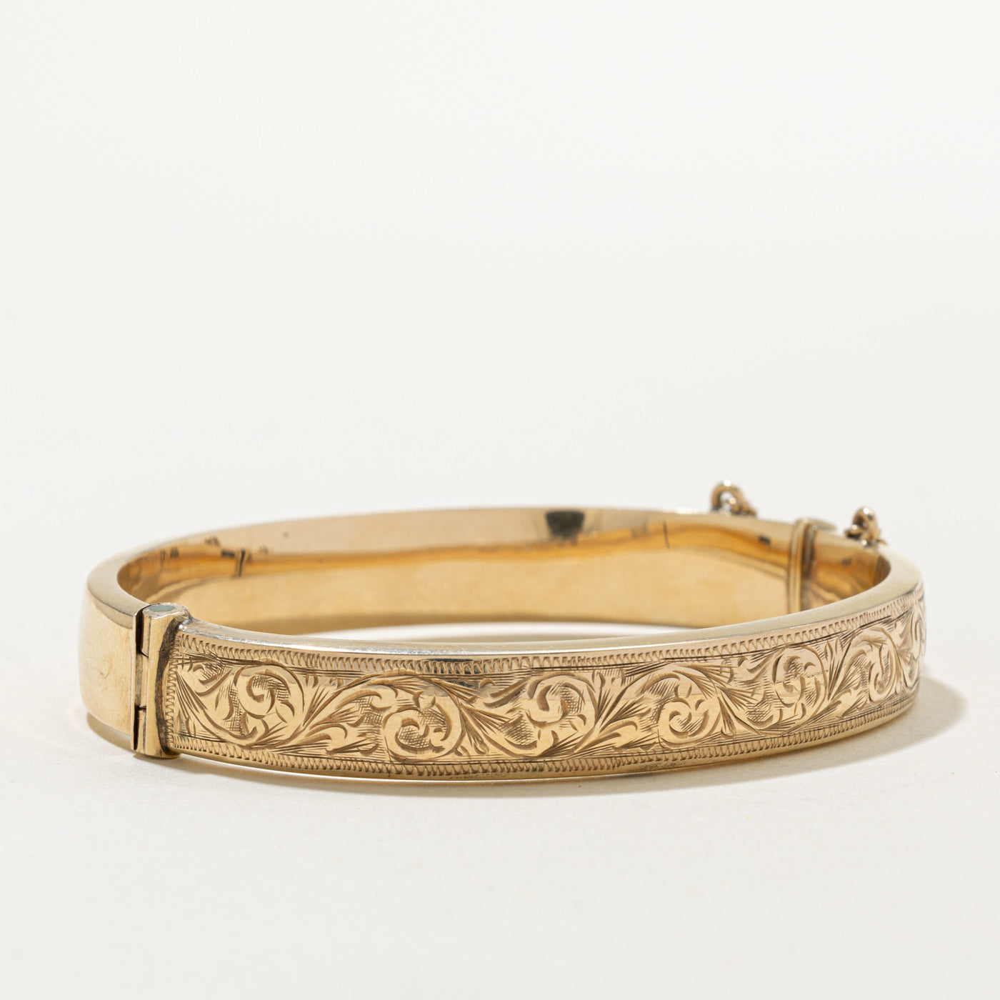 'Birks' Yellow Gold Engraved Floral Bangle | 7"