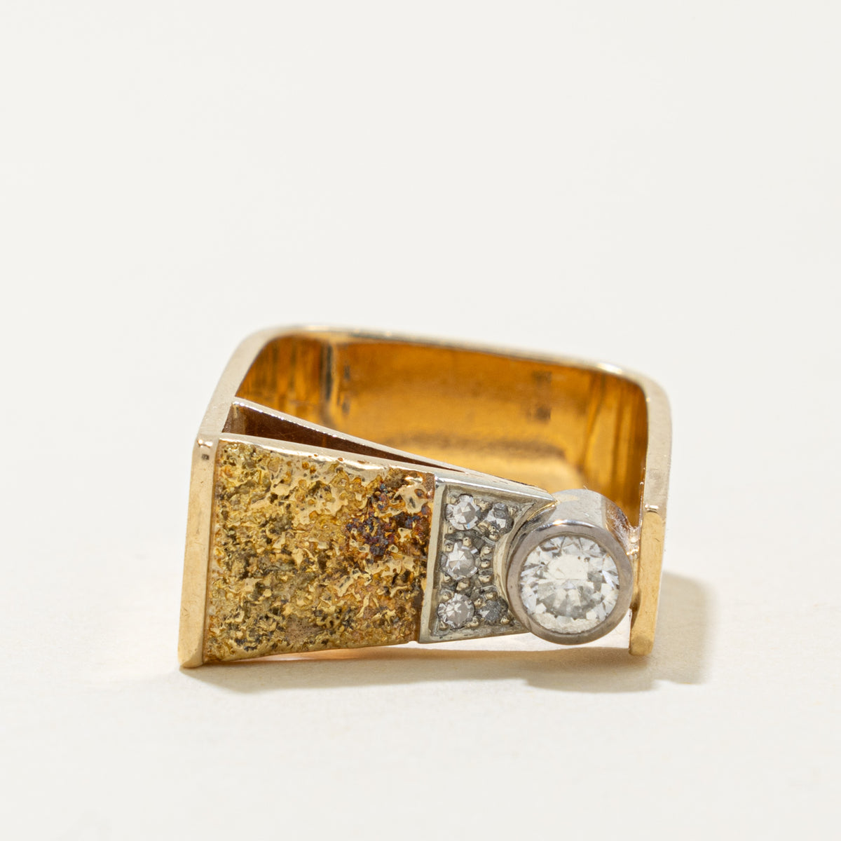 14k Bezel Set Diamond Textured Geometric Ring | 0.22ctw | SZ 6