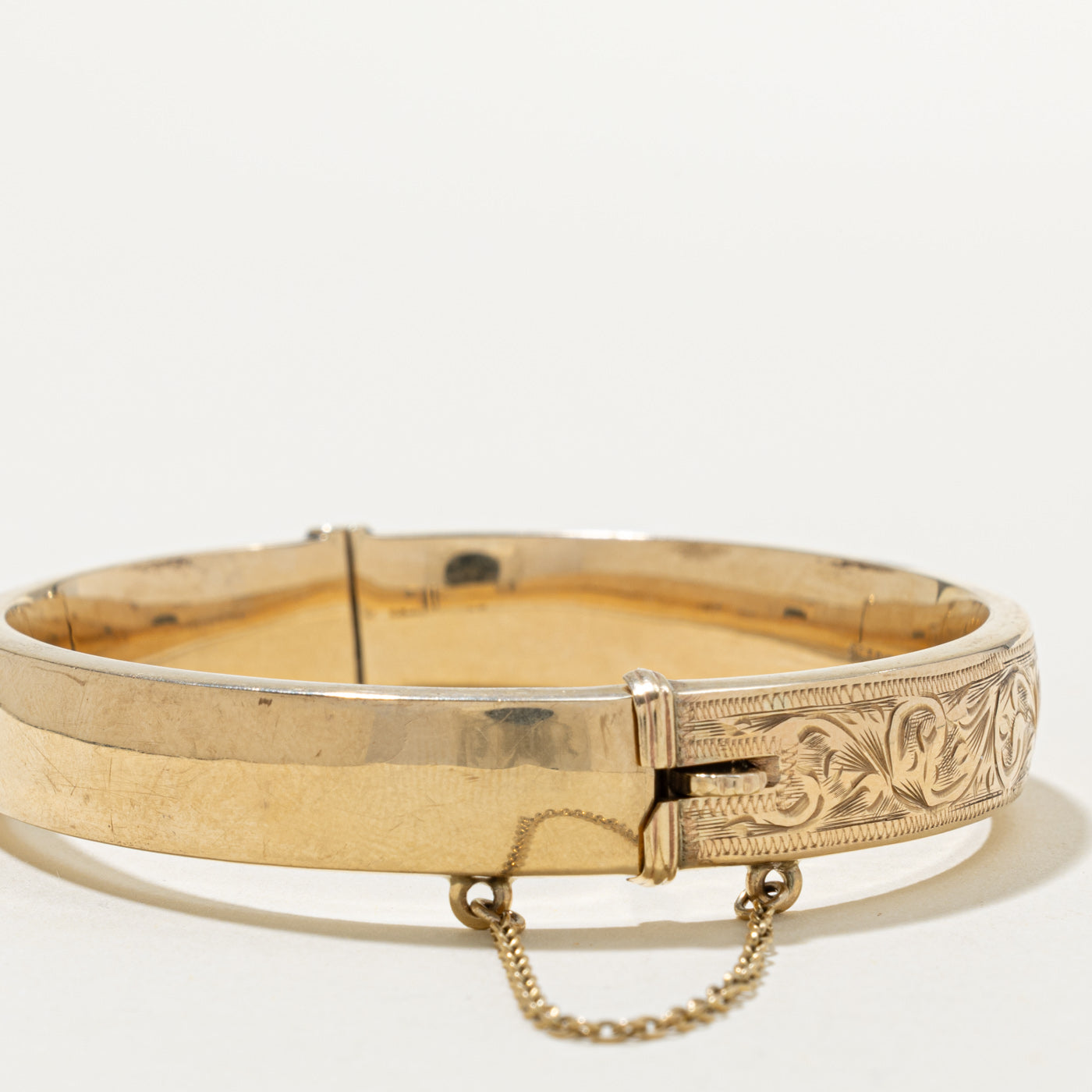 'Birks' Yellow Gold Engraved Floral Bangle | 7"