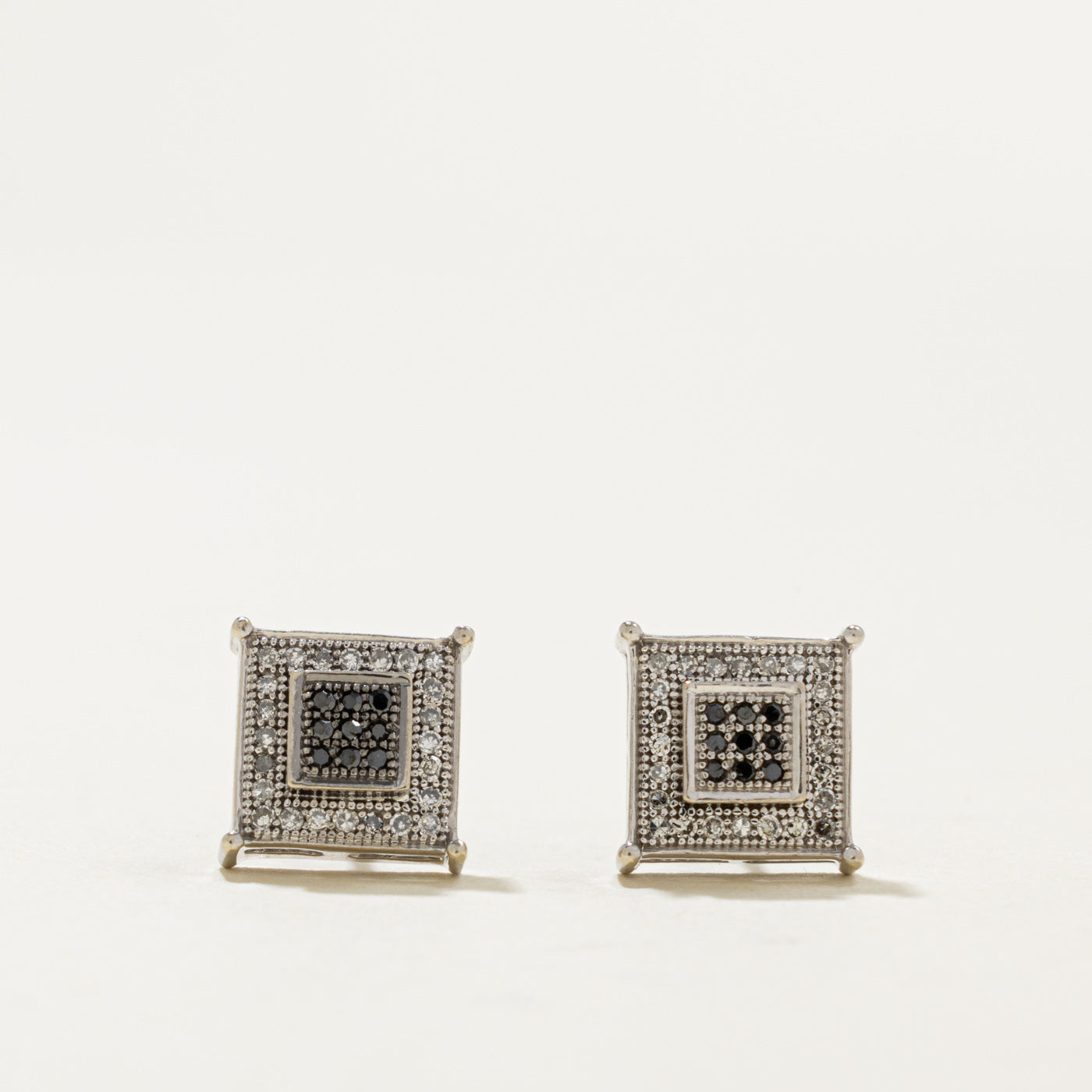 10k Black & White Diamond Square Cluster Stud Earrings | 0.10ctw