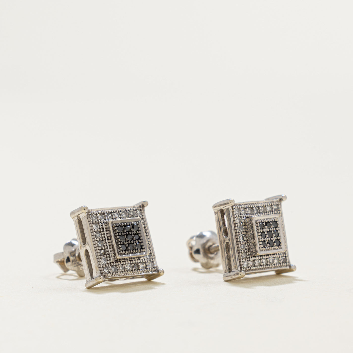 10k Black & White Diamond Square Cluster Stud Earrings | 0.10ctw