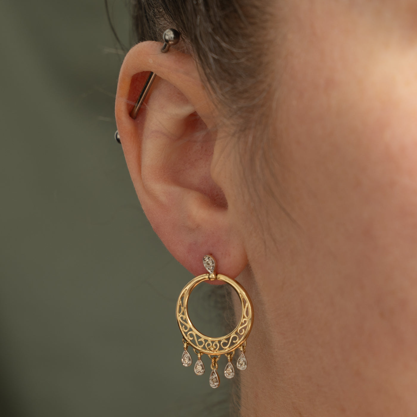 14k Diamond Filigree Circular Drop Earrings | 0.14ctw