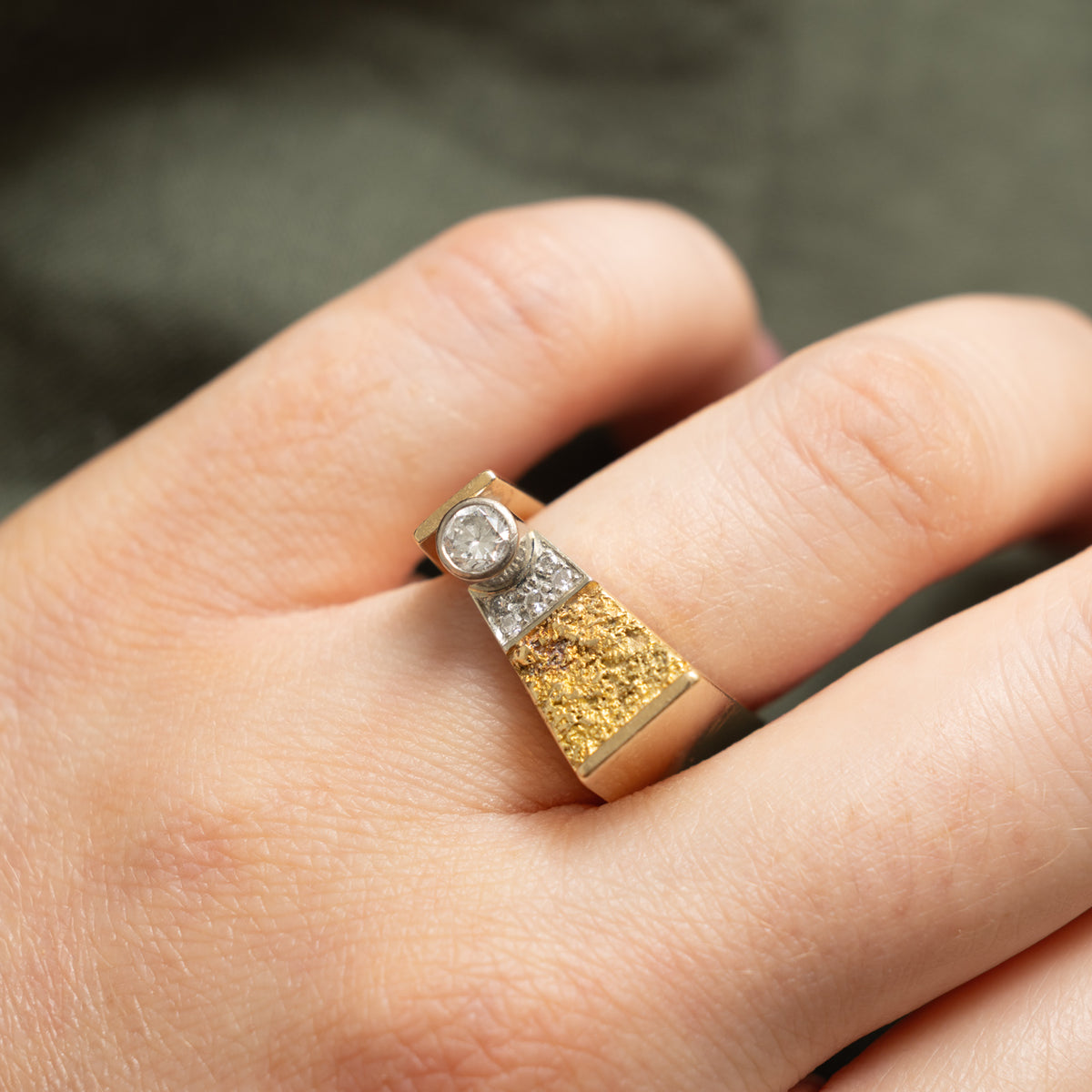 14k Bezel Set Diamond Textured Geometric Ring | 0.22ctw | SZ 6