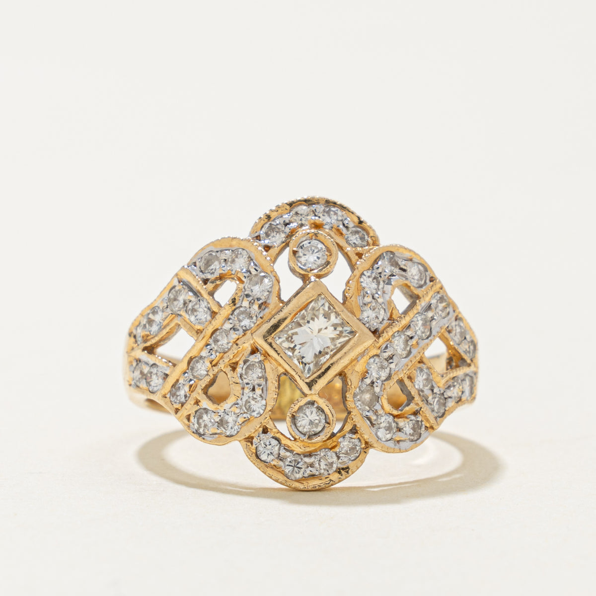 18k Bezel Set Radiant Cut Diamond Openwork & Scrollwork Ring | 0.42ctw | SZ 6