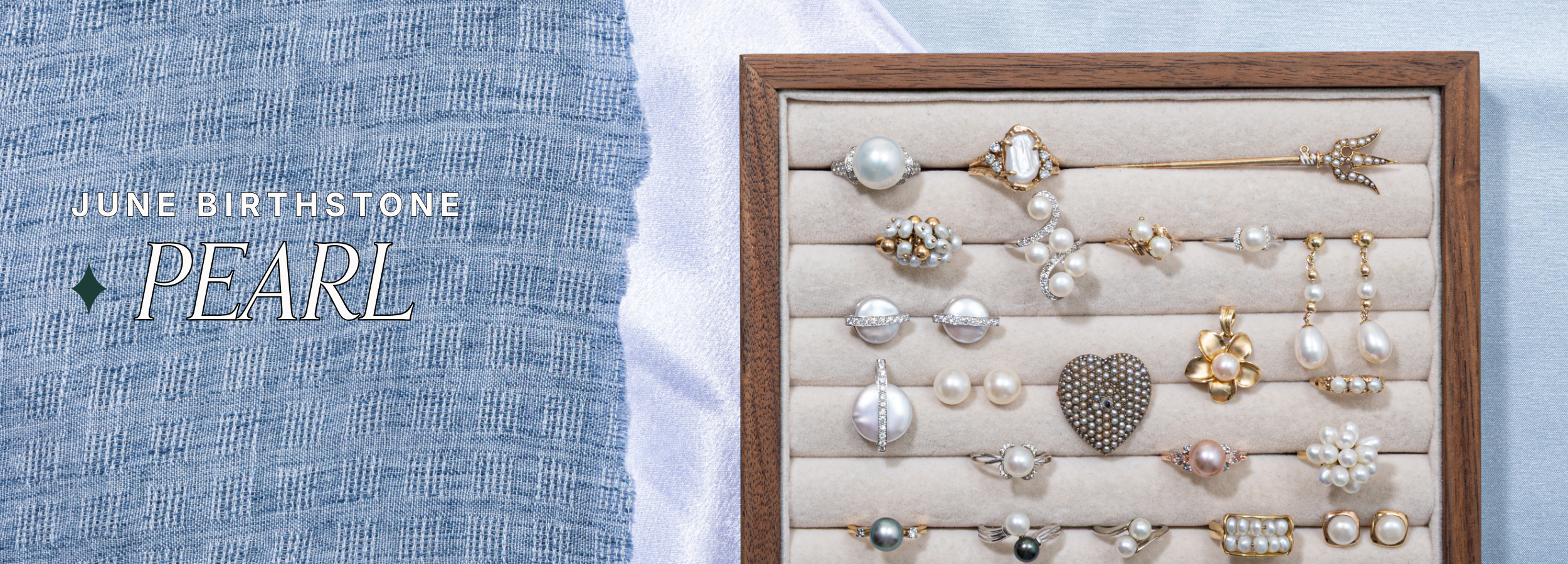 Vintage pearl jewellery collection for June birthstone featuring preloved gold necklaces, pearl pendants and heirloom pearl rings. Text reads: June birthstone Pearl