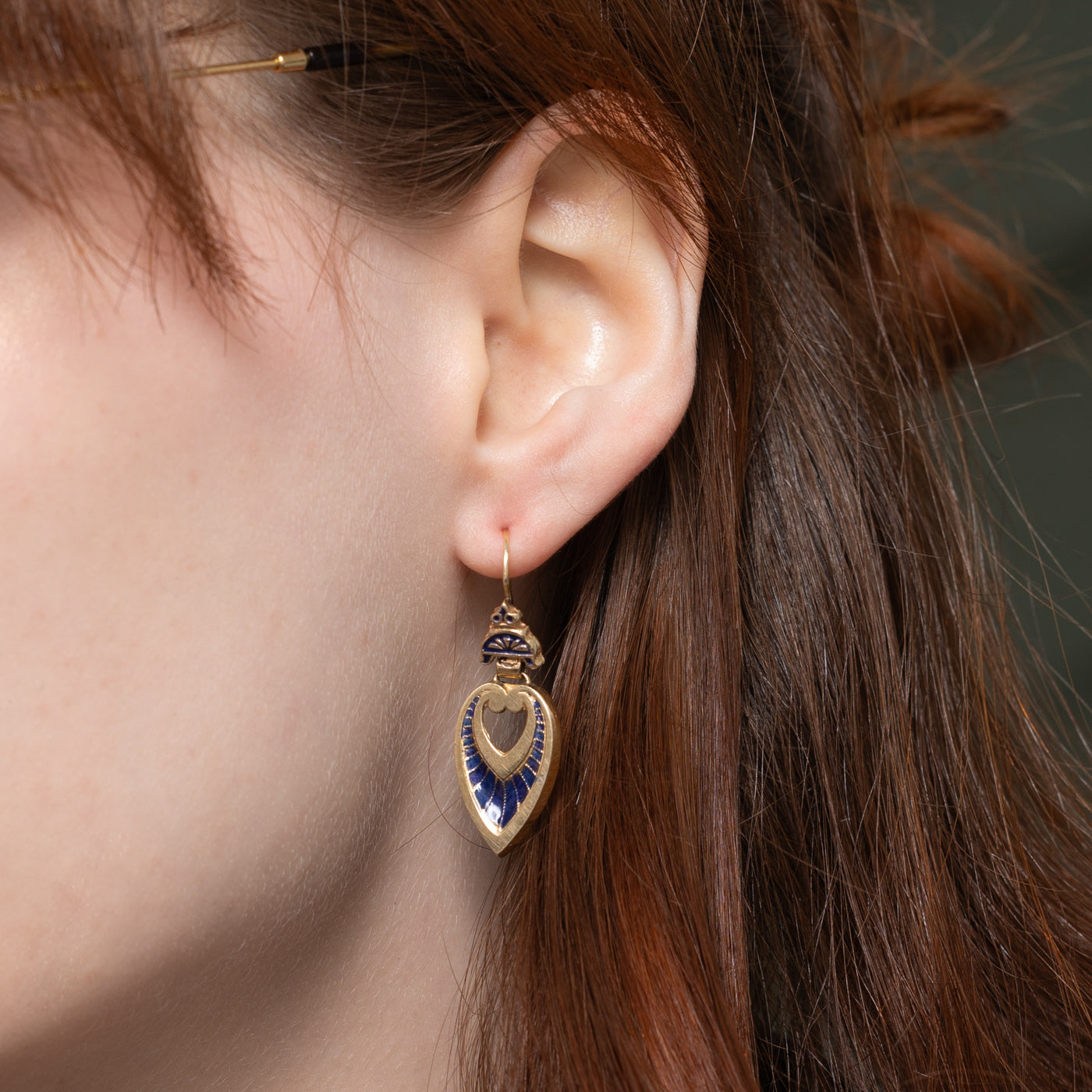 14k Enamel Ornate Open Heart Drop Earrings