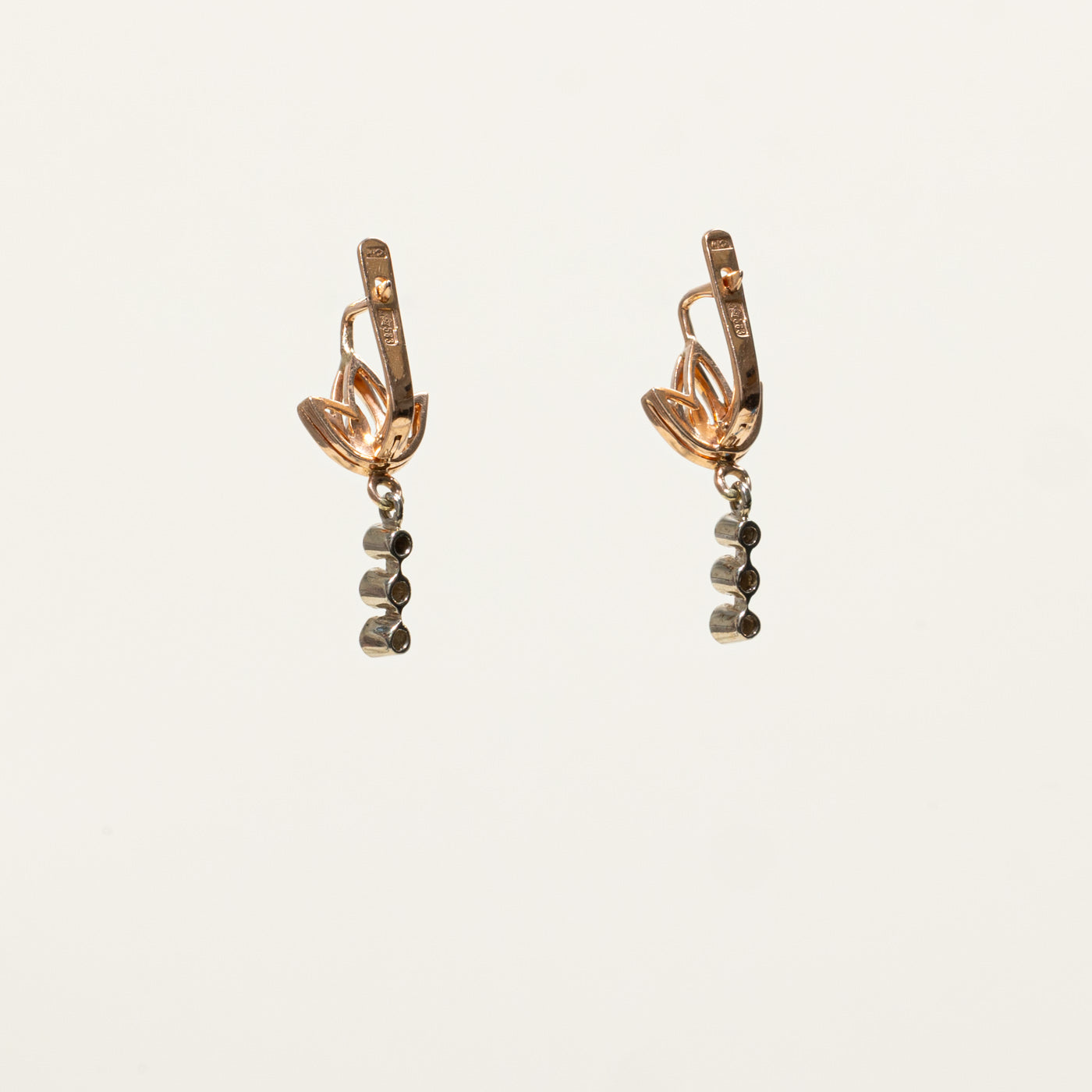 Soviet Hallmarked 14k Diamond Floral Drop Earrings | 0.32ctw