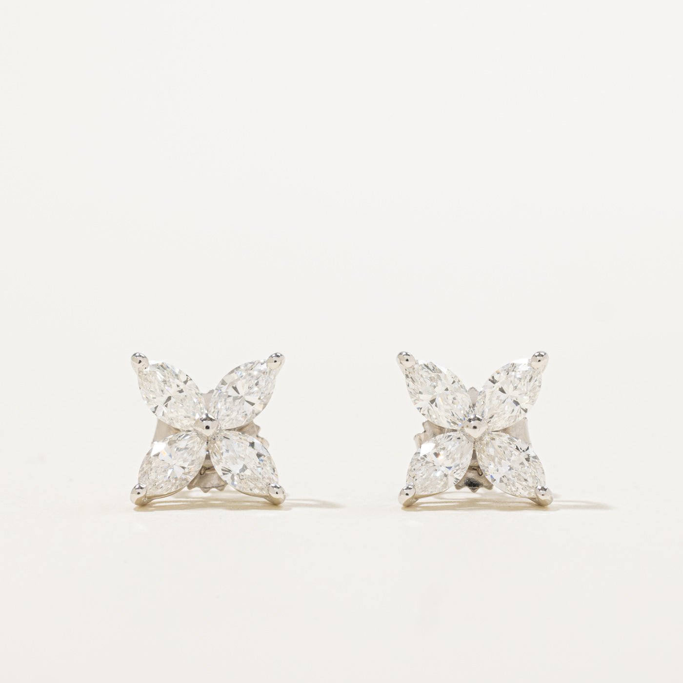 18k Marquise Cut Diamond Floral Cluster Stud Earrings | 1.96ctw