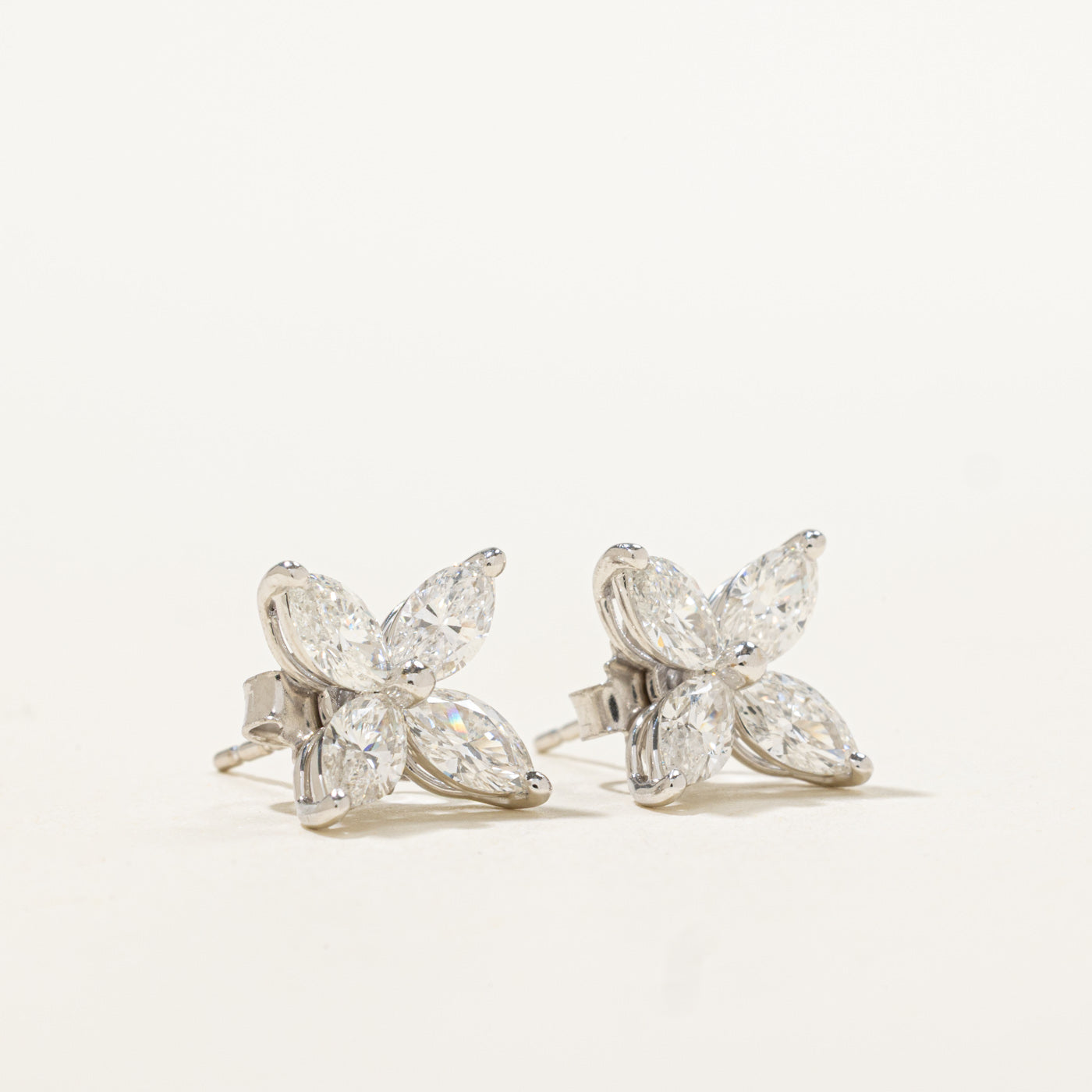 18k Marquise Cut Diamond Floral Cluster Stud Earrings | 1.96ctw