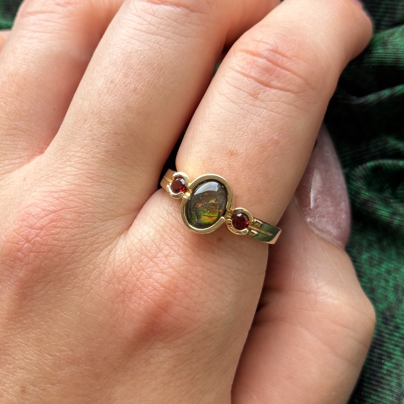 Birmingham Hallmarked Ammolite Triplet & Garnet Ring  | 1.10ct, 0.20ctw | SZ 8.25 |