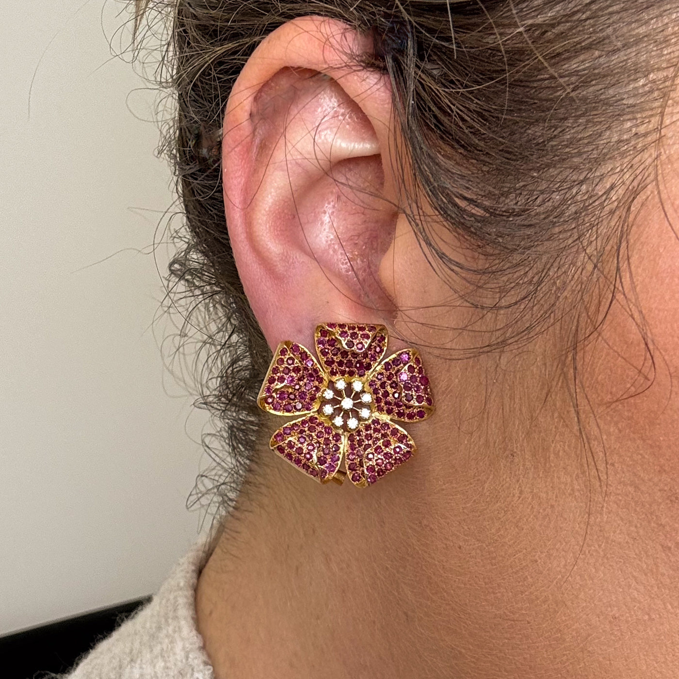 Ruby & Diamond Flower Stud Earrings | 0.34ctw, 0.34ctw |