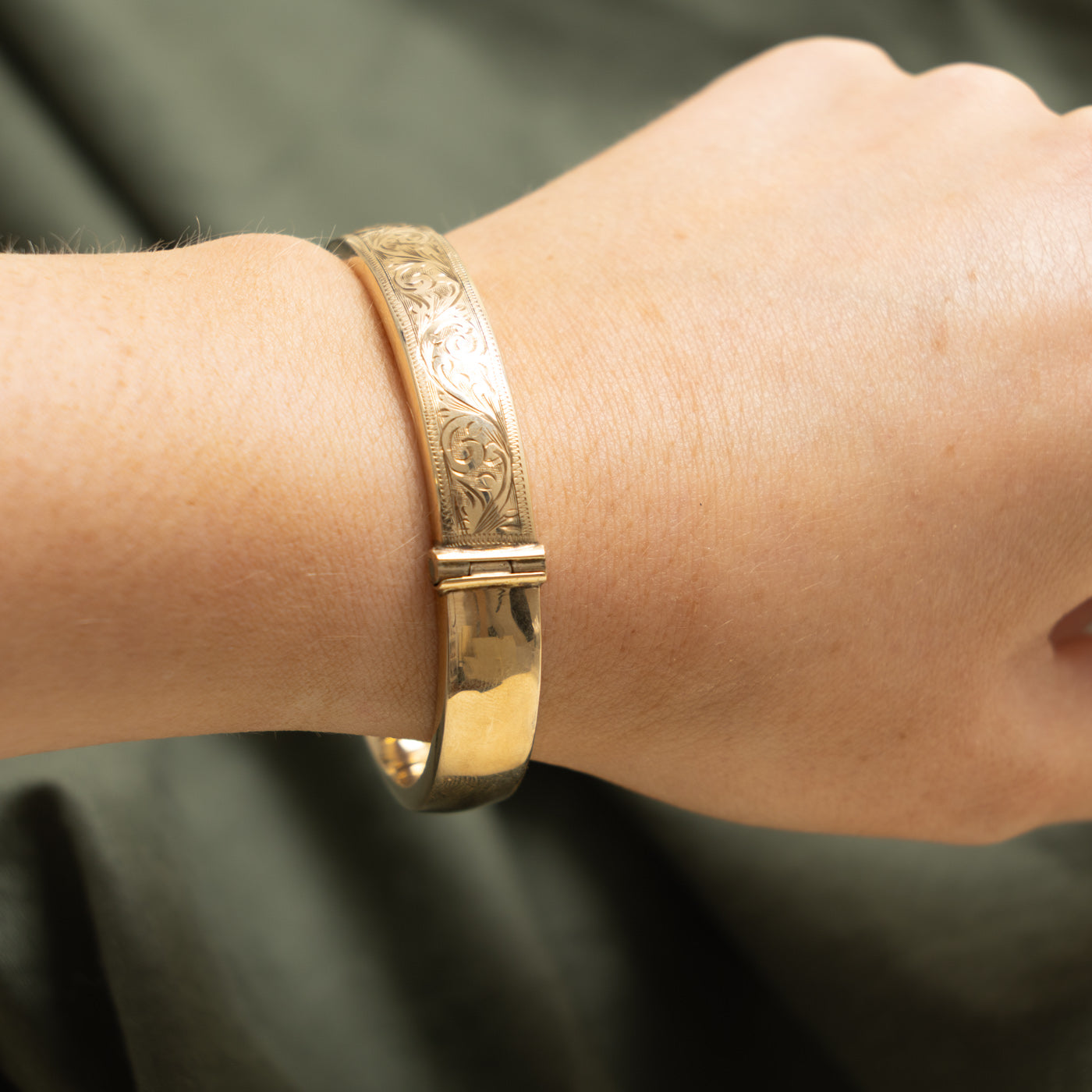 'Birks' Yellow Gold Engraved Floral Bangle | 7"