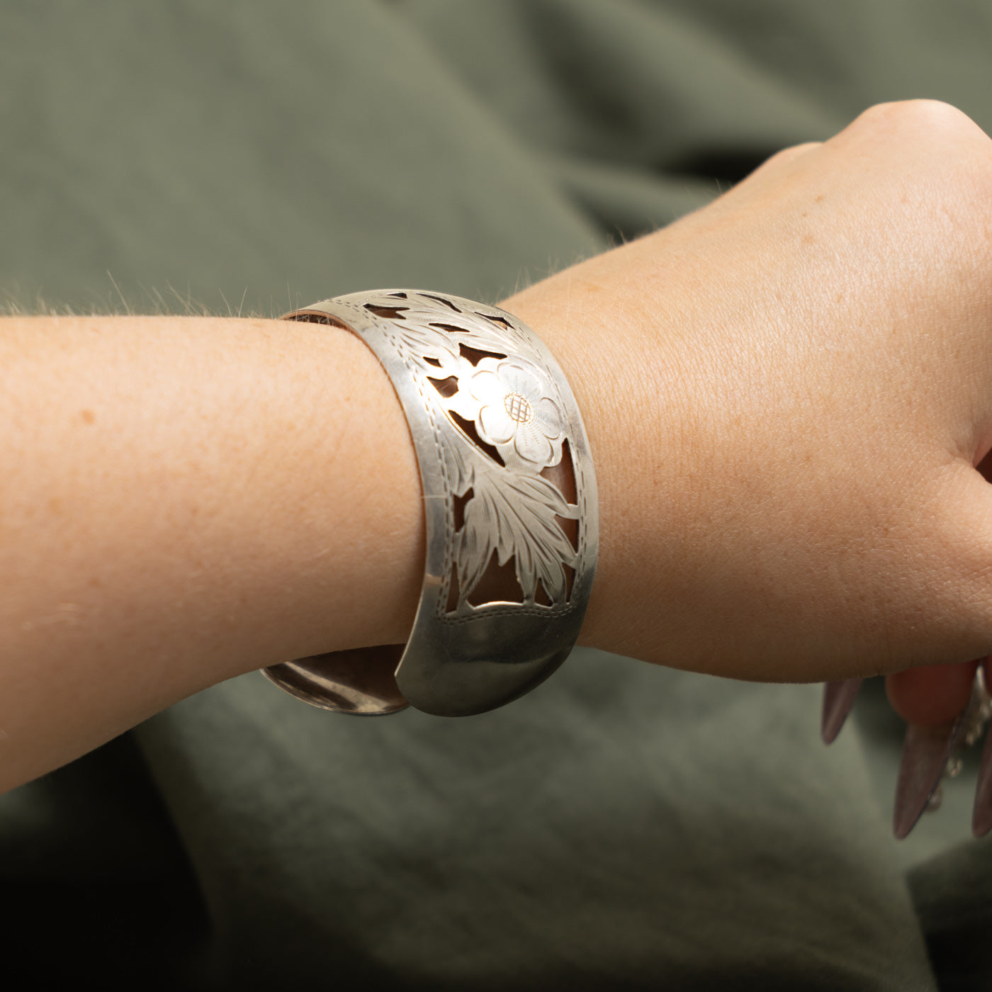 Sterling Silver Floral Engraved Openwork Cuff Bracelet | 6.25"
