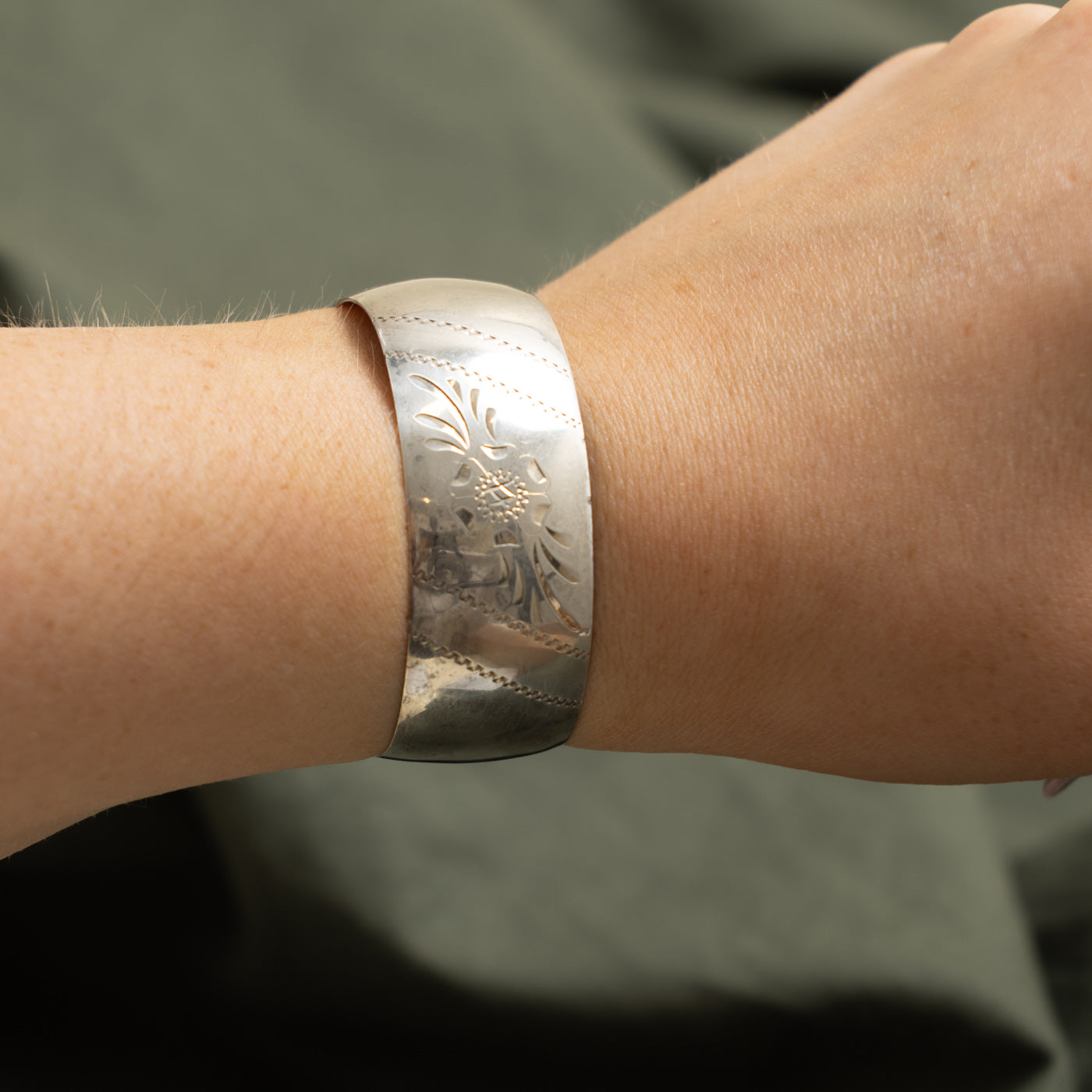 Sterling Silver Floral Engraved Cuff Bracelet | 6"