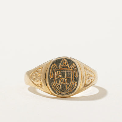 1991 10k Yellow Gold Engraved Crest Signet Ring | SZ 6.5