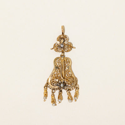 Vintage 18k Yellow Gold Seed Pearl Ornate Pendant
