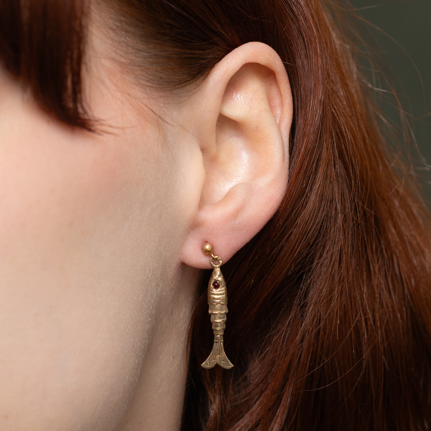 1973 London Red Glass Fish Drop Earrings | 0.08ctw
