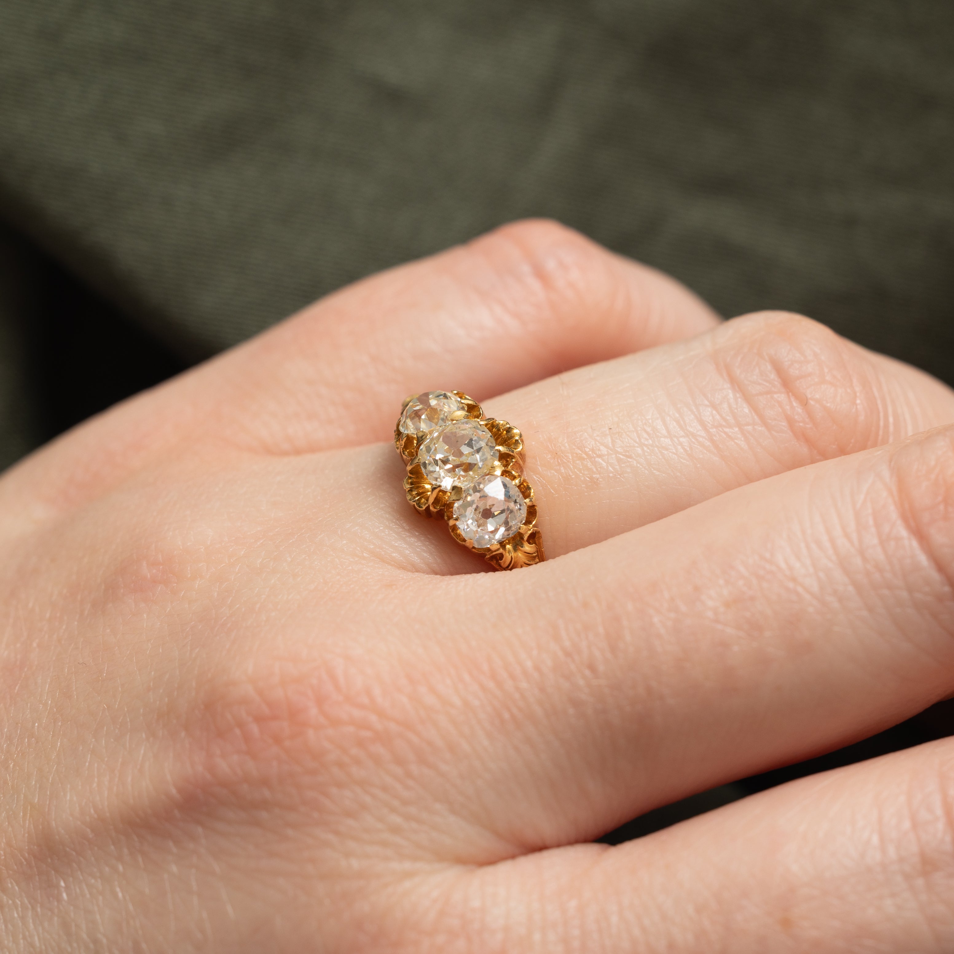 Victorian 18k Three Stone Old Mine Cut Diamond Ring | 0.60ct I1 H/I, 1.10ctw | SZ 5.75