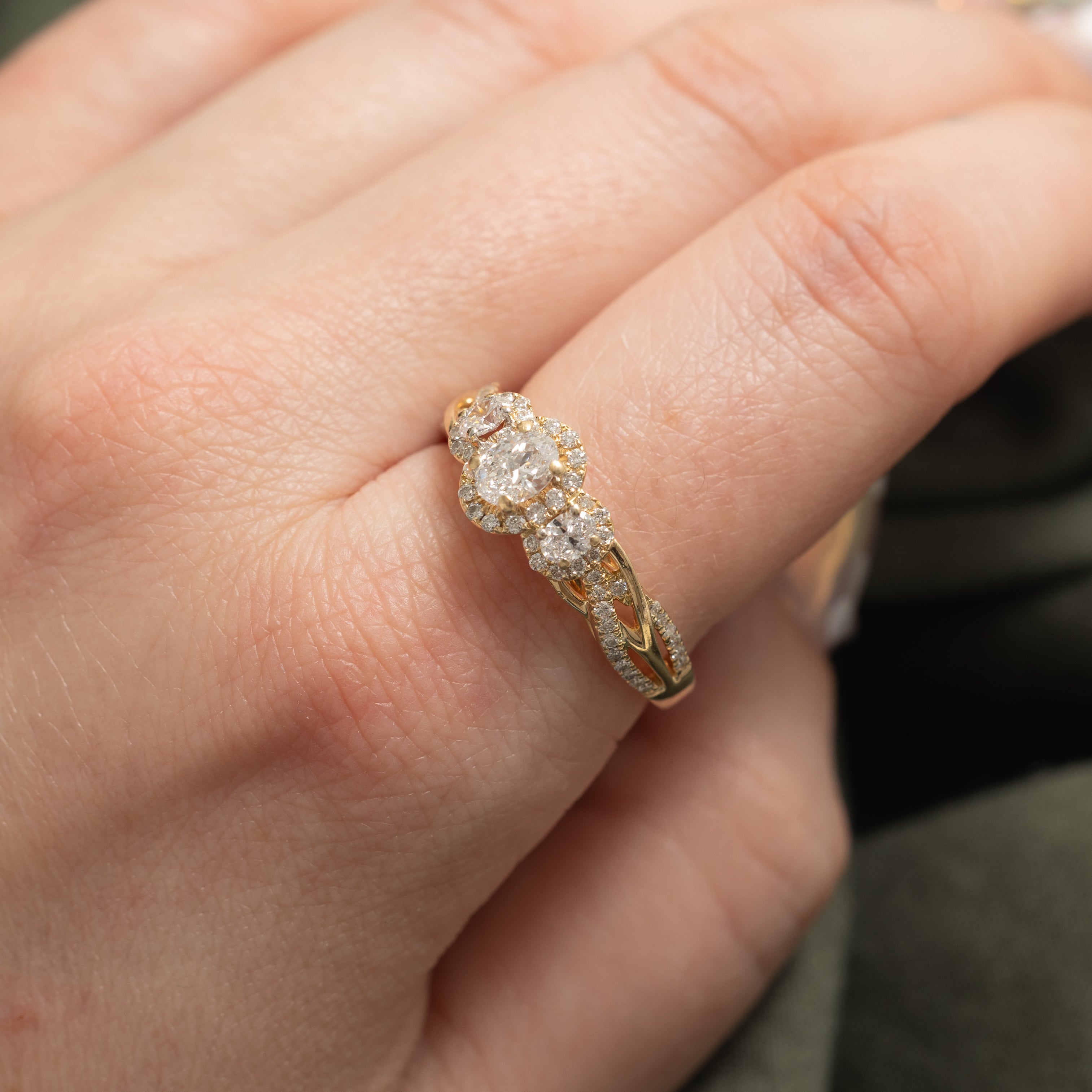 ‘Vera Wang’ 14k Three Stone Diamond Halo Ring | 0.98ctw | SZ 9.75