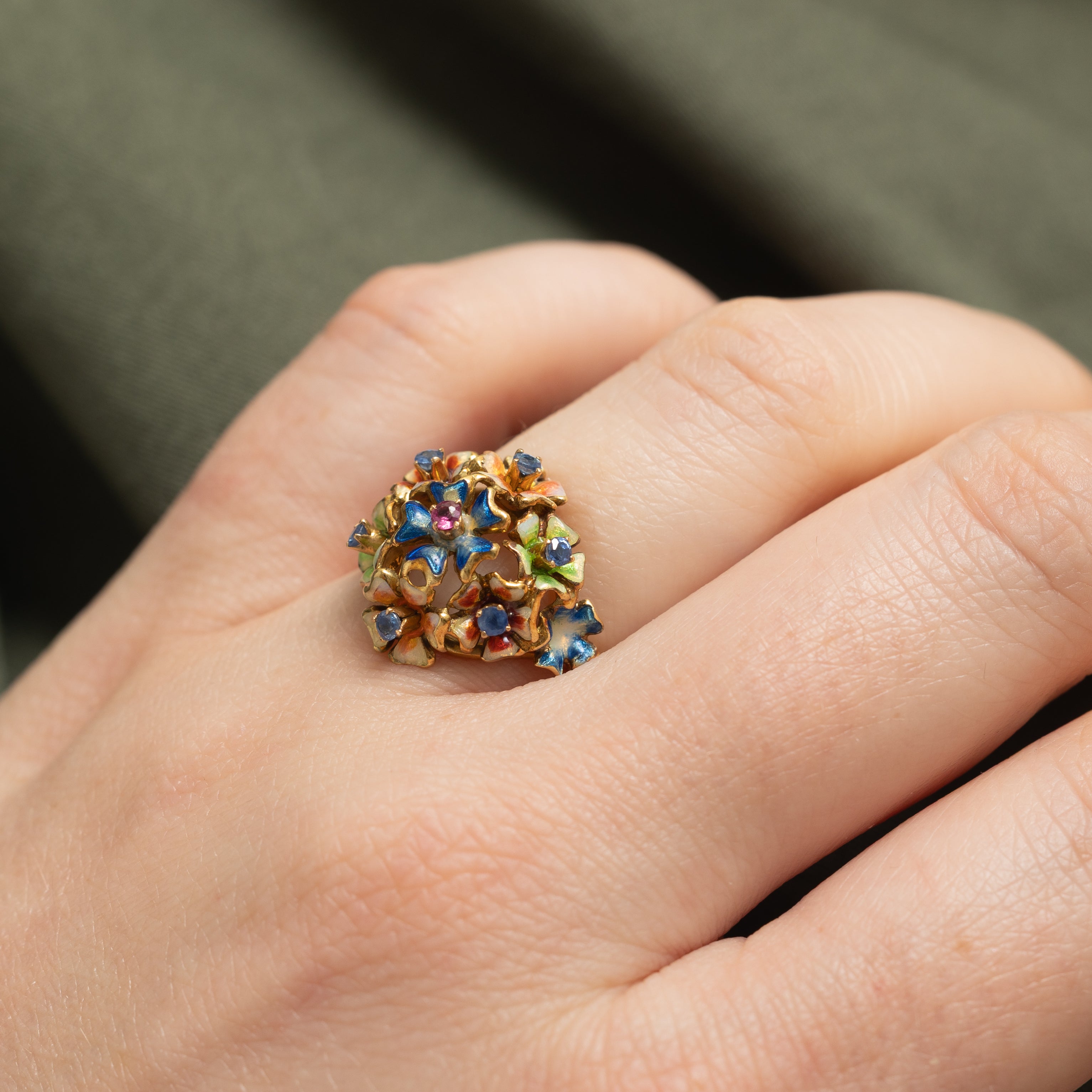 Art Nouveau 18k Enamel, Sapphire and Ruby Floral Cluster Ring | 0.03 ctw, 0.15ctw  | SZ 5.25