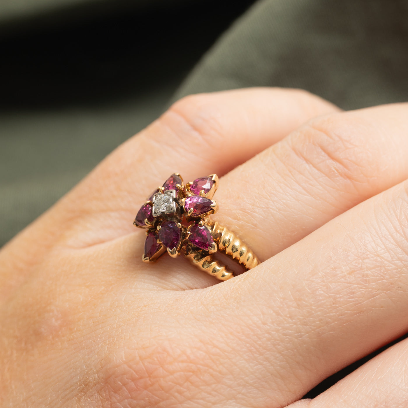 Diamond & Ruby Flower Cluster Ring | 0.12ct, 0.66ctw | SZ 7.75