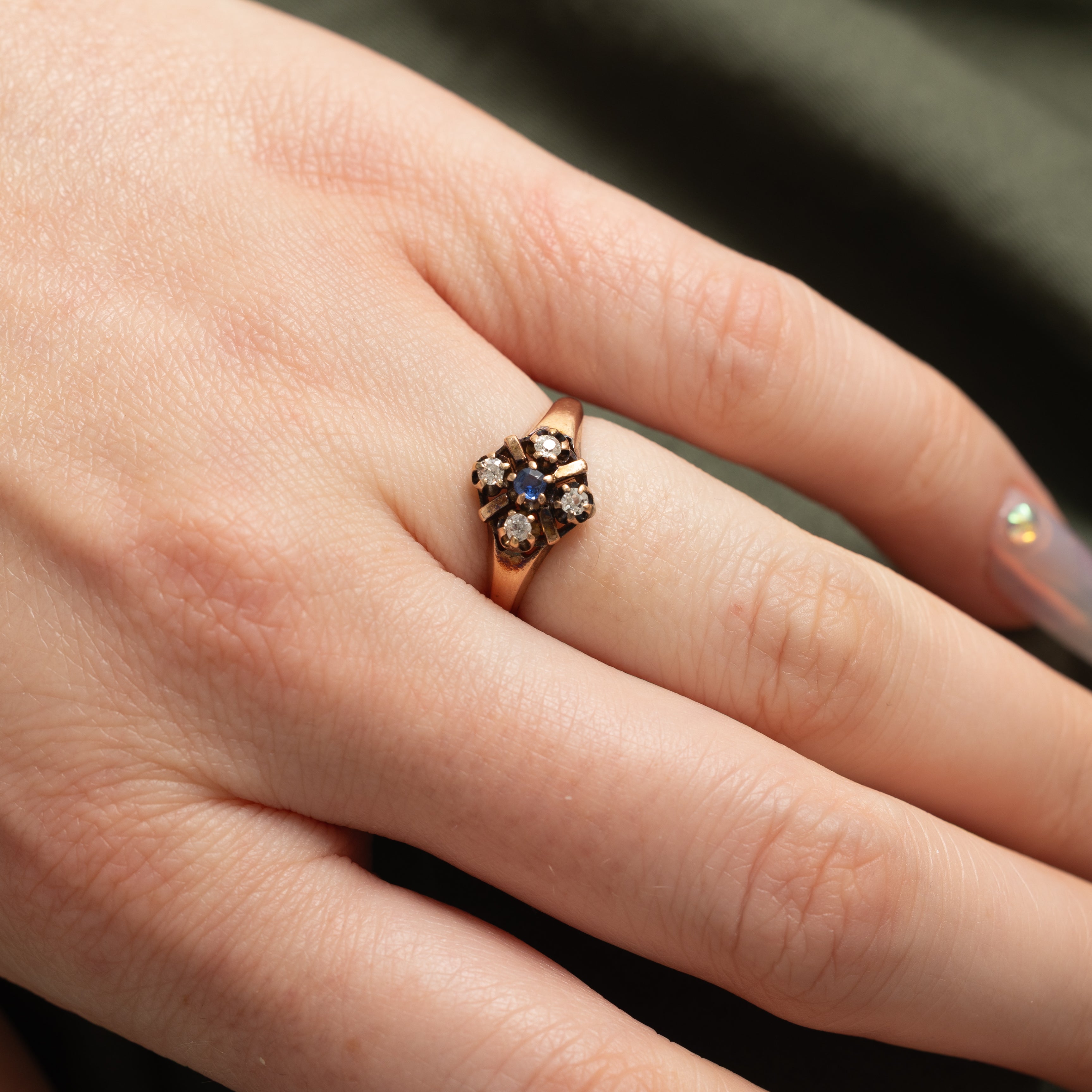 Antique 10k Sapphire & Diamond Cluster Ring | 0.05ct, 0.14ctw | SZ 4.25