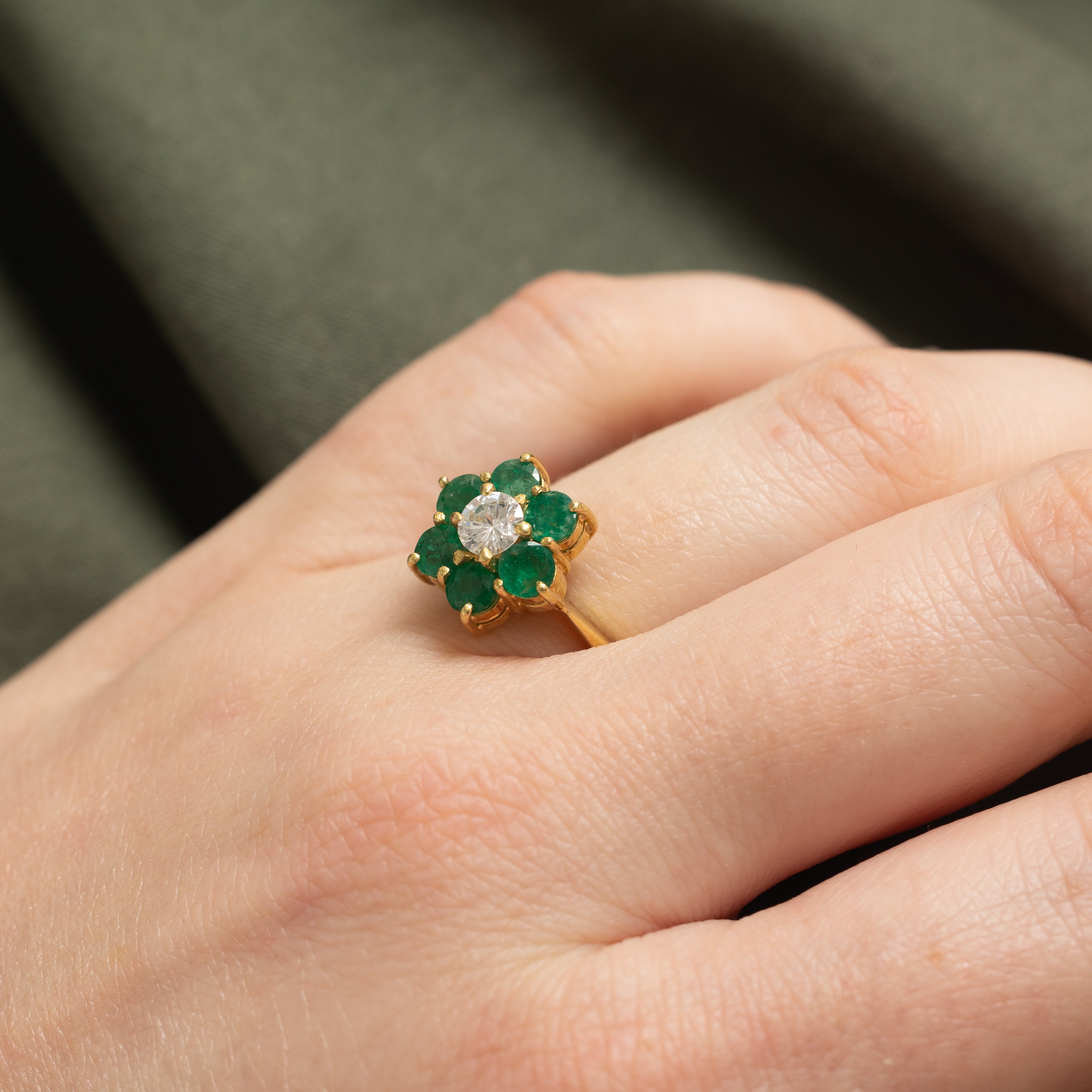 18k Emerald & Diamond Floral Cluster Ring | 1.25ctw, 0.28ct | SZ 6.25