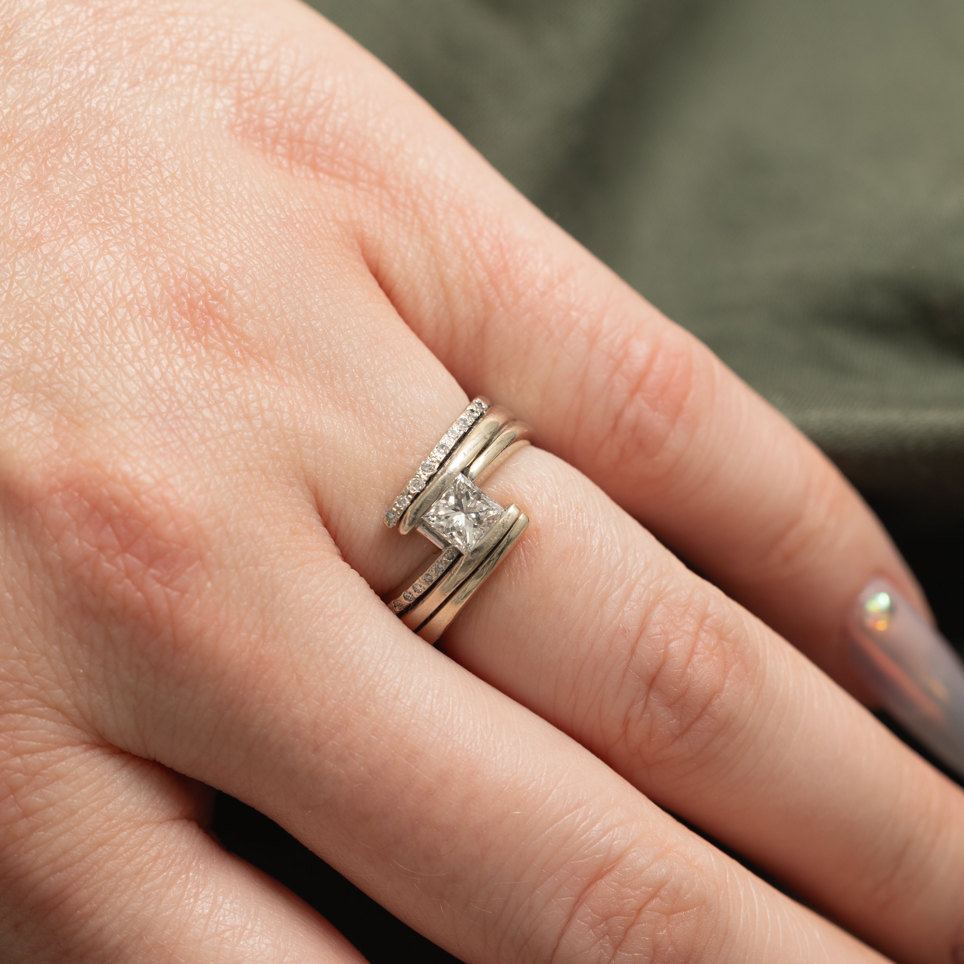 14k Princess Cut Diamond Grooved Bypass Ring | 0.50ct VS1/VS2 G/H, 0.14ctw | SZ 4.5