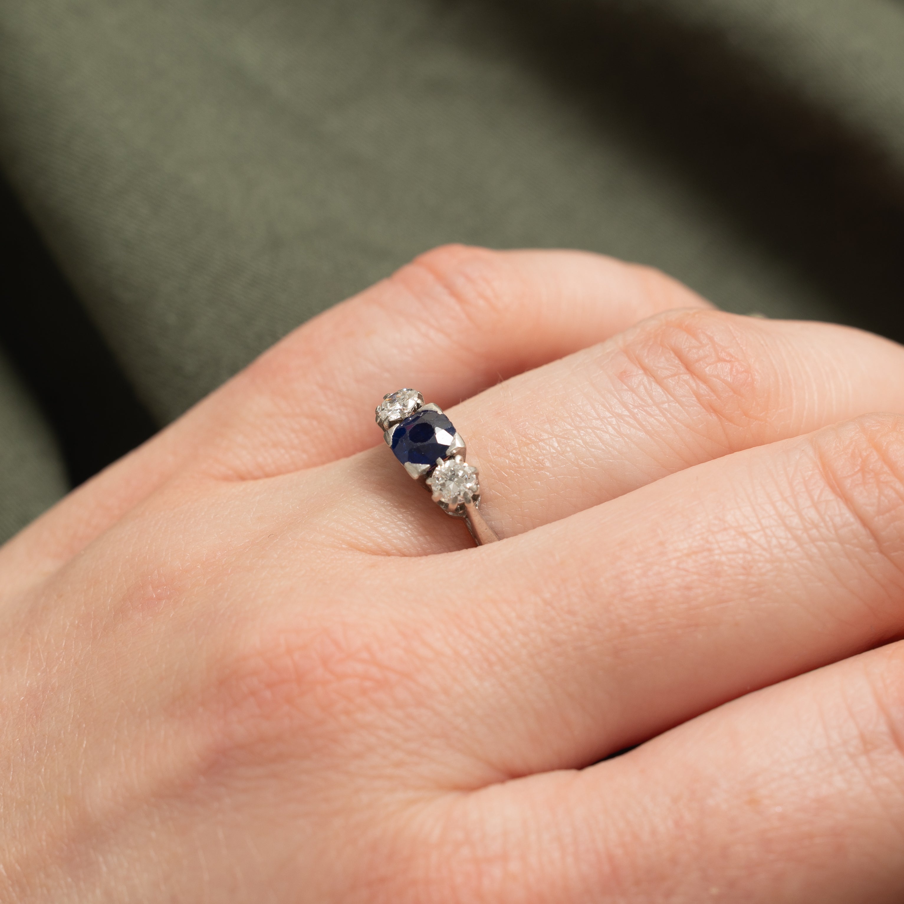 Art Deco 18k & Platinum Sapphire and Transitional Cut Diamond Ring | 0.60ct, 0.32ctw | SZ 6.5