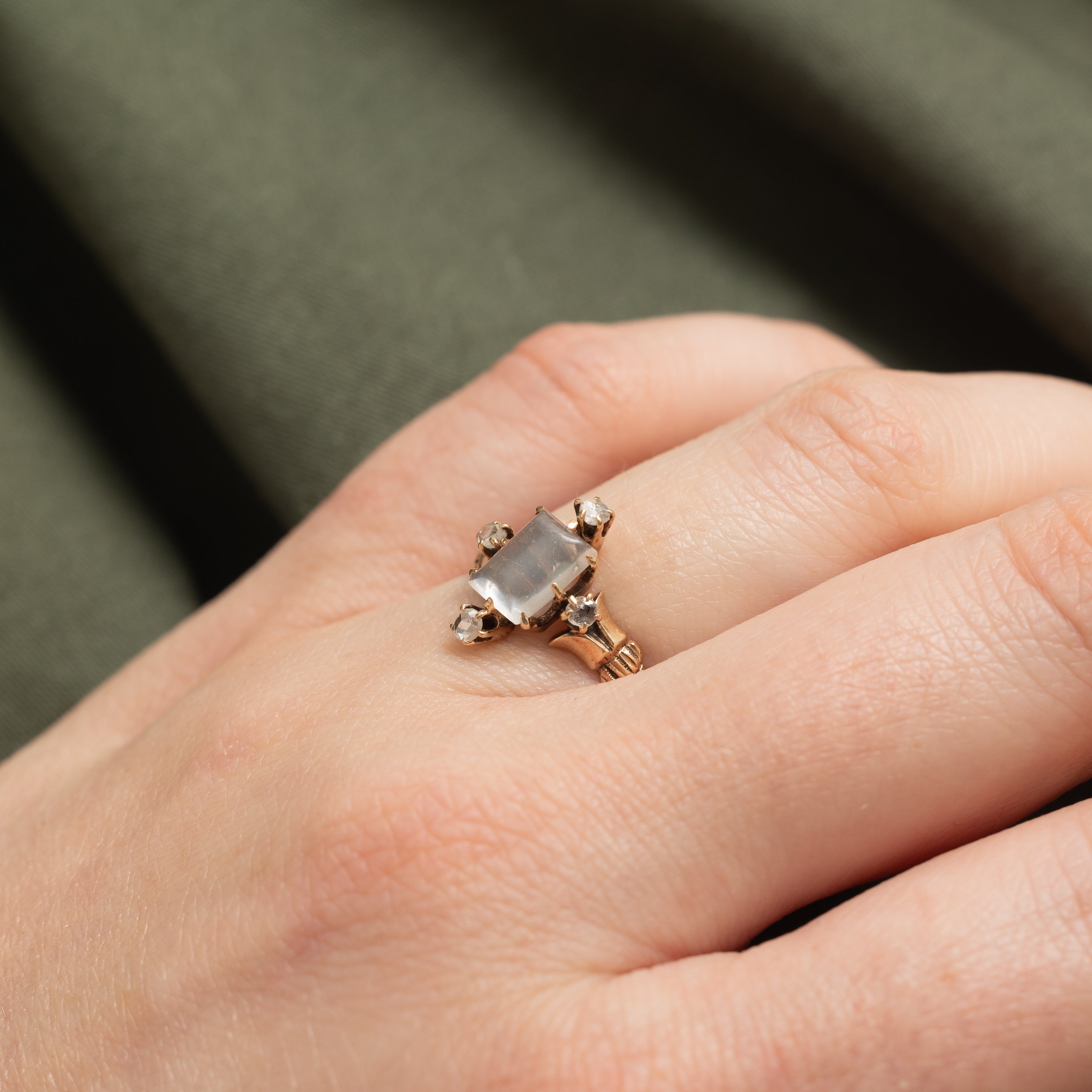 Antique 10k Moonstone & Diamond Ring | 0.70ct, 0.12ctw | SZ 5.5