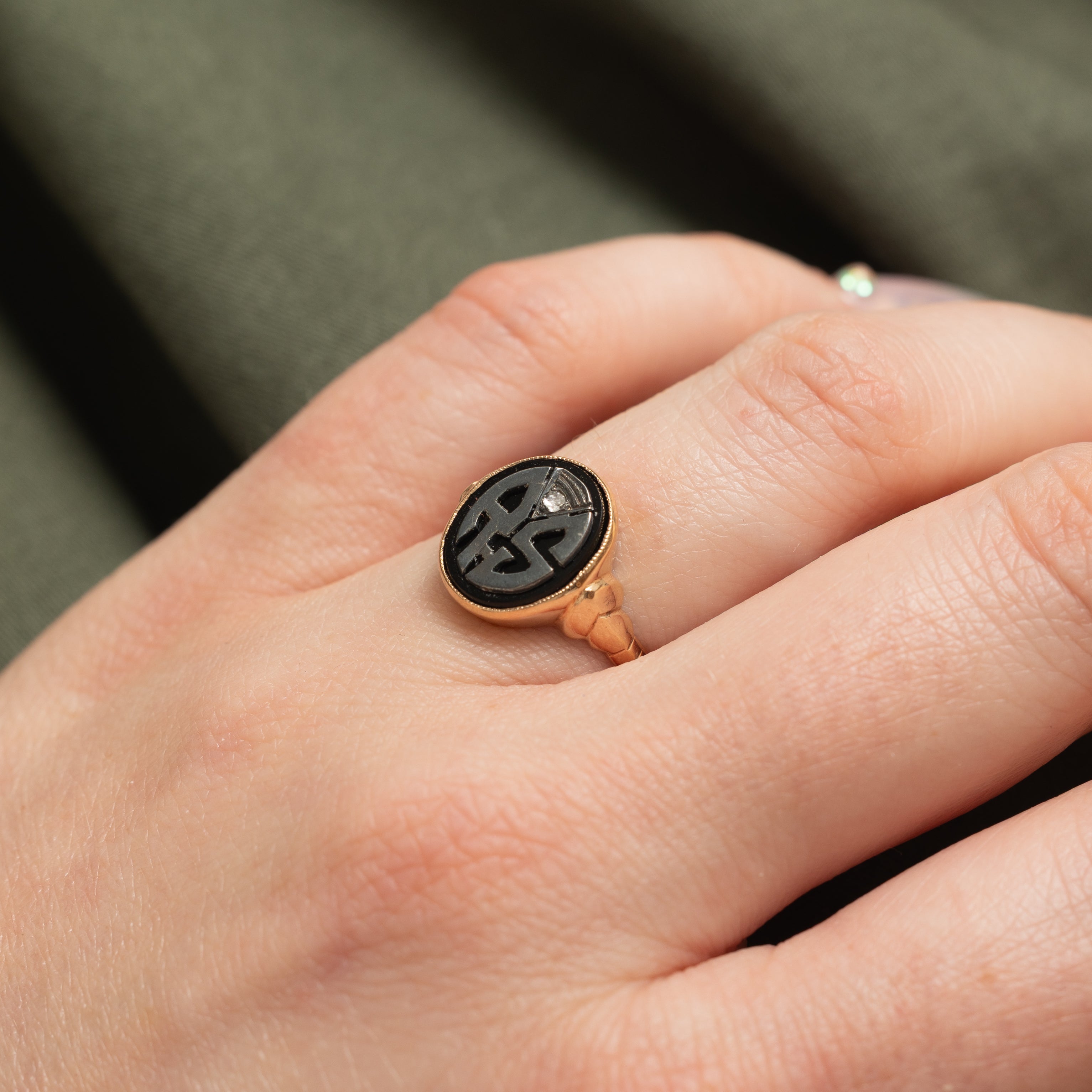 Onyx & Diamond "RS" Initial Signet Ring | 1.80ct, 0.01ctw | SZ 5.25