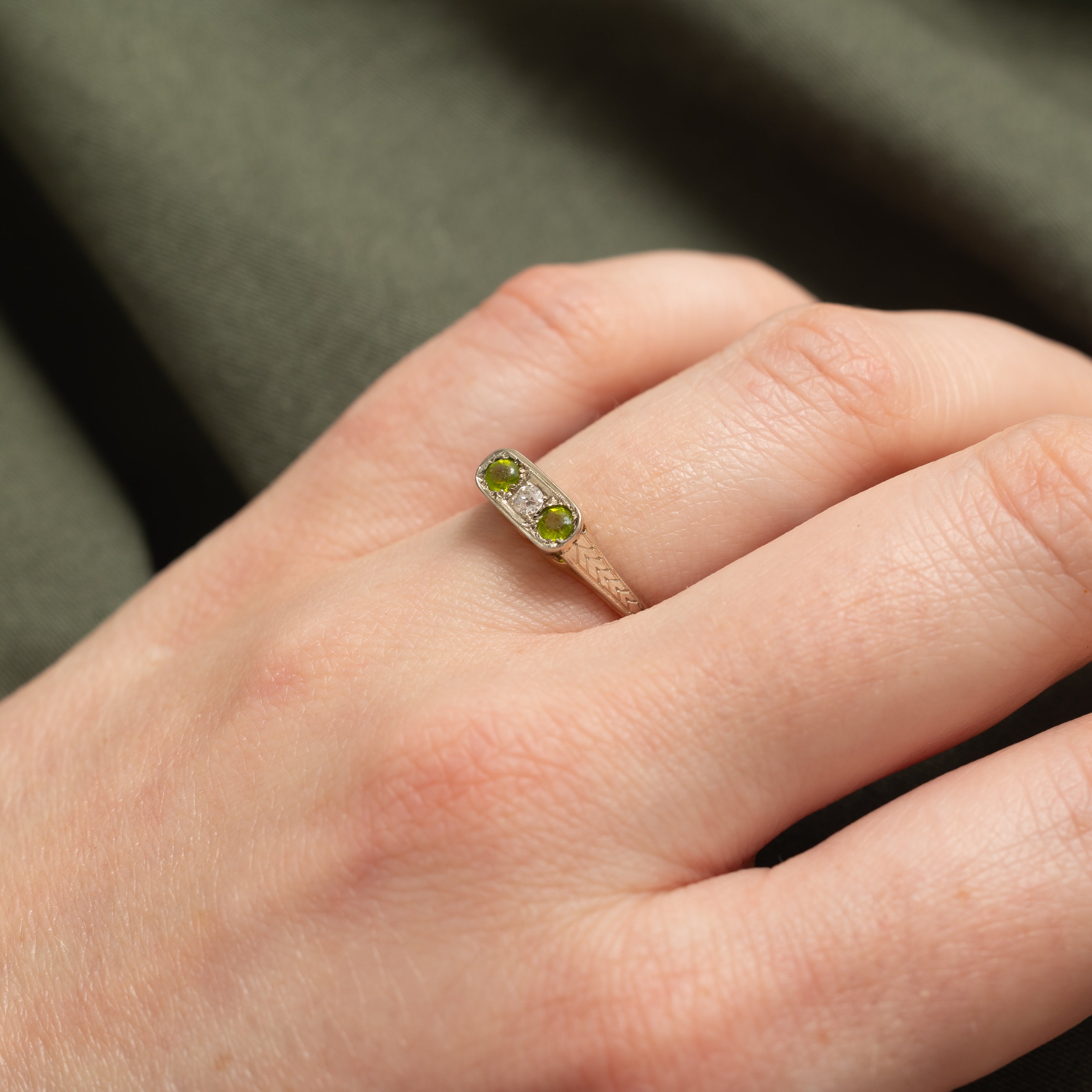 14k Art Deco Old European Cut Diamond & Glass Ring | 0.05ctw, 0.15ctw | SZ 5.75