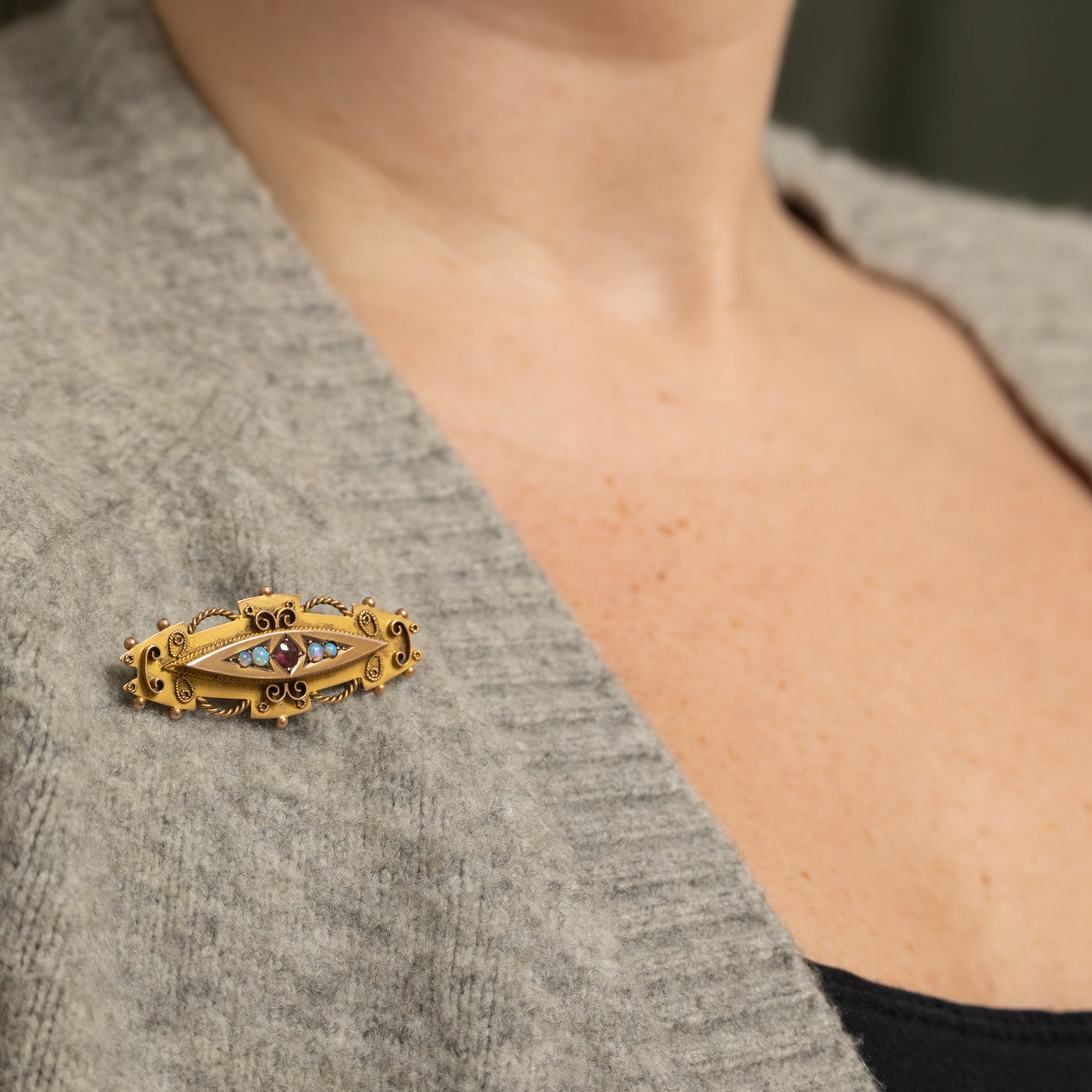 1915 Chester Tourmaline & Opal Rope Marquise Brooch | 0.15ct, 0.10ctw