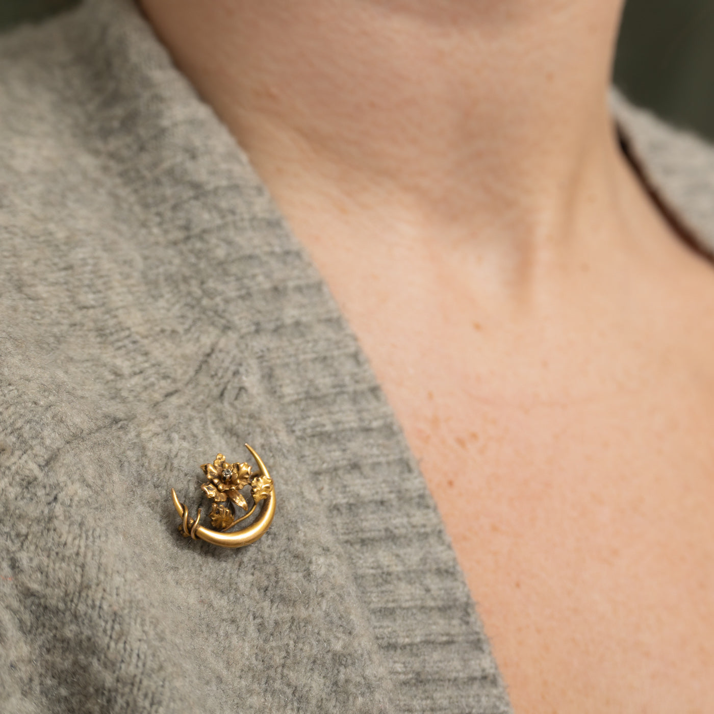 Art Nouveau Old Mine Cut Diamond Floral Crescent Moon Brooch | 0.02ct