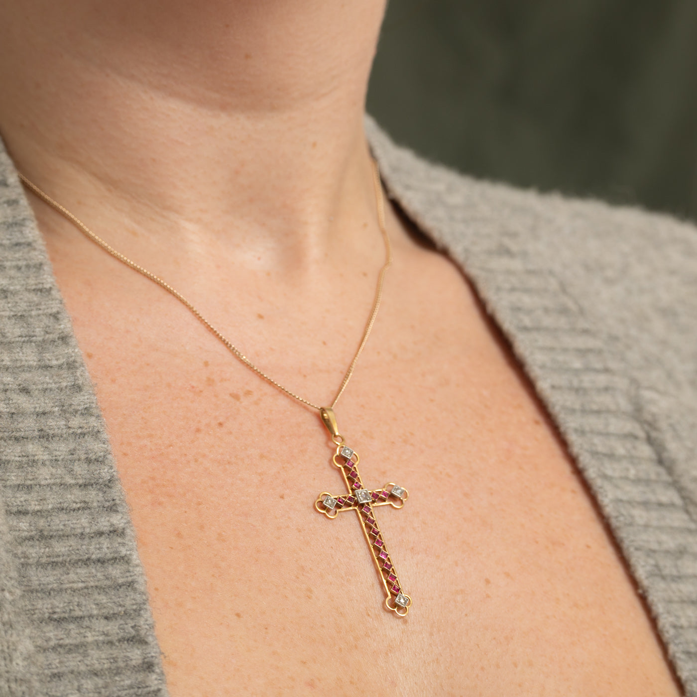 18k Synthetic Ruby & Natural Diamond Cross Pendant | 0.60ctw, 0.11ctw