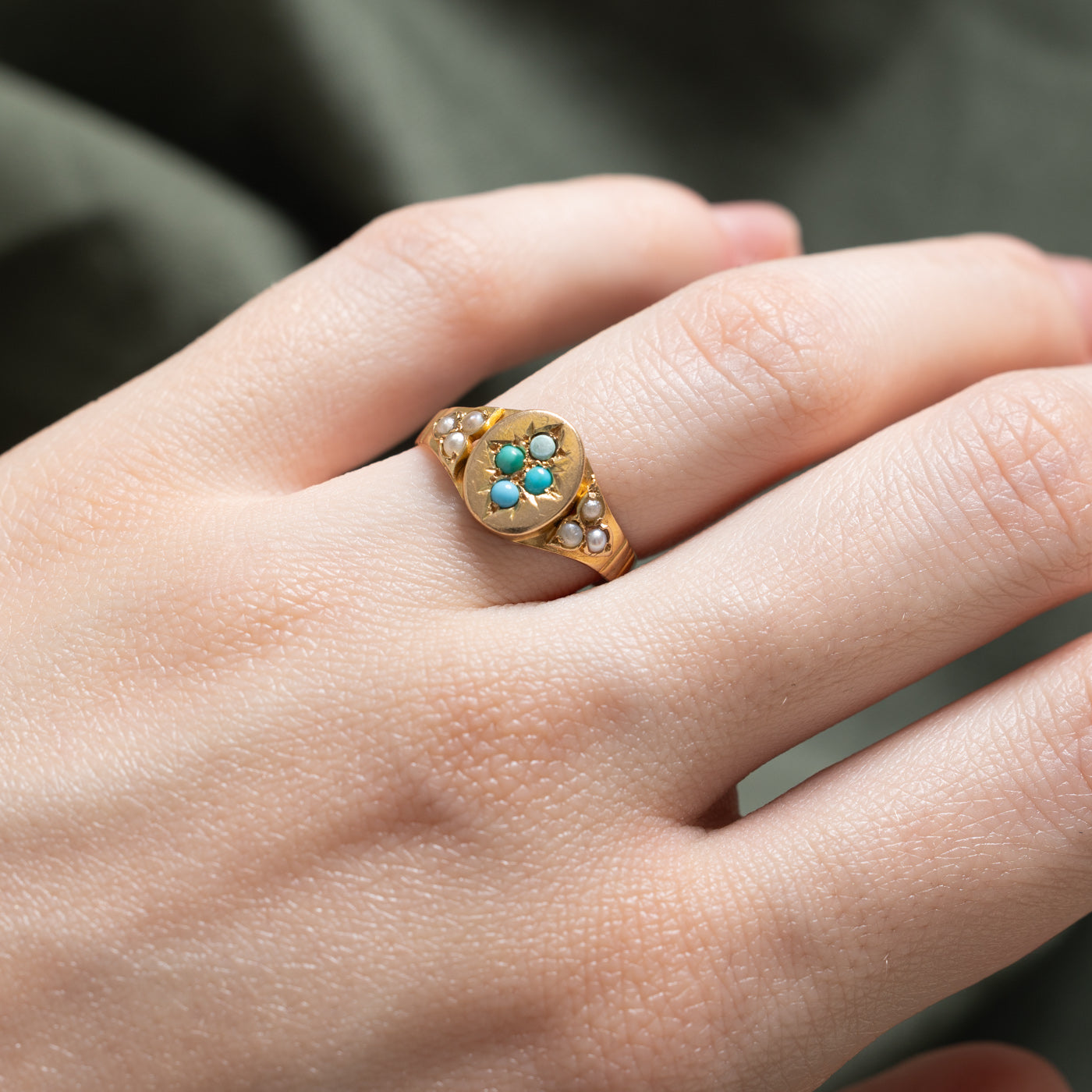 Victorian 1877 Birmingham Turquoise & Pearl Ring | 0.03ctw | SZ 7