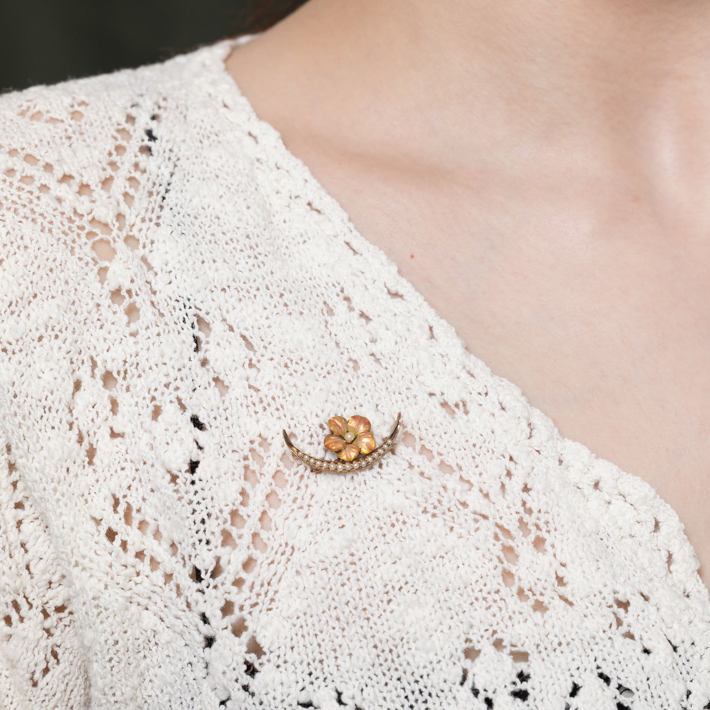 Victorian Crescent Flower Seed Pearl Brooch