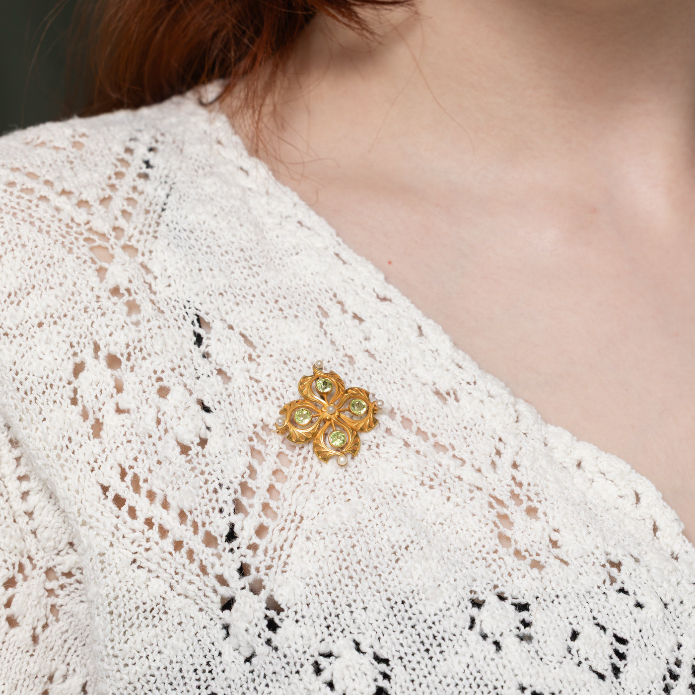 Art Nouveau Pearl & Peridot Brooch | 1.36ctw
